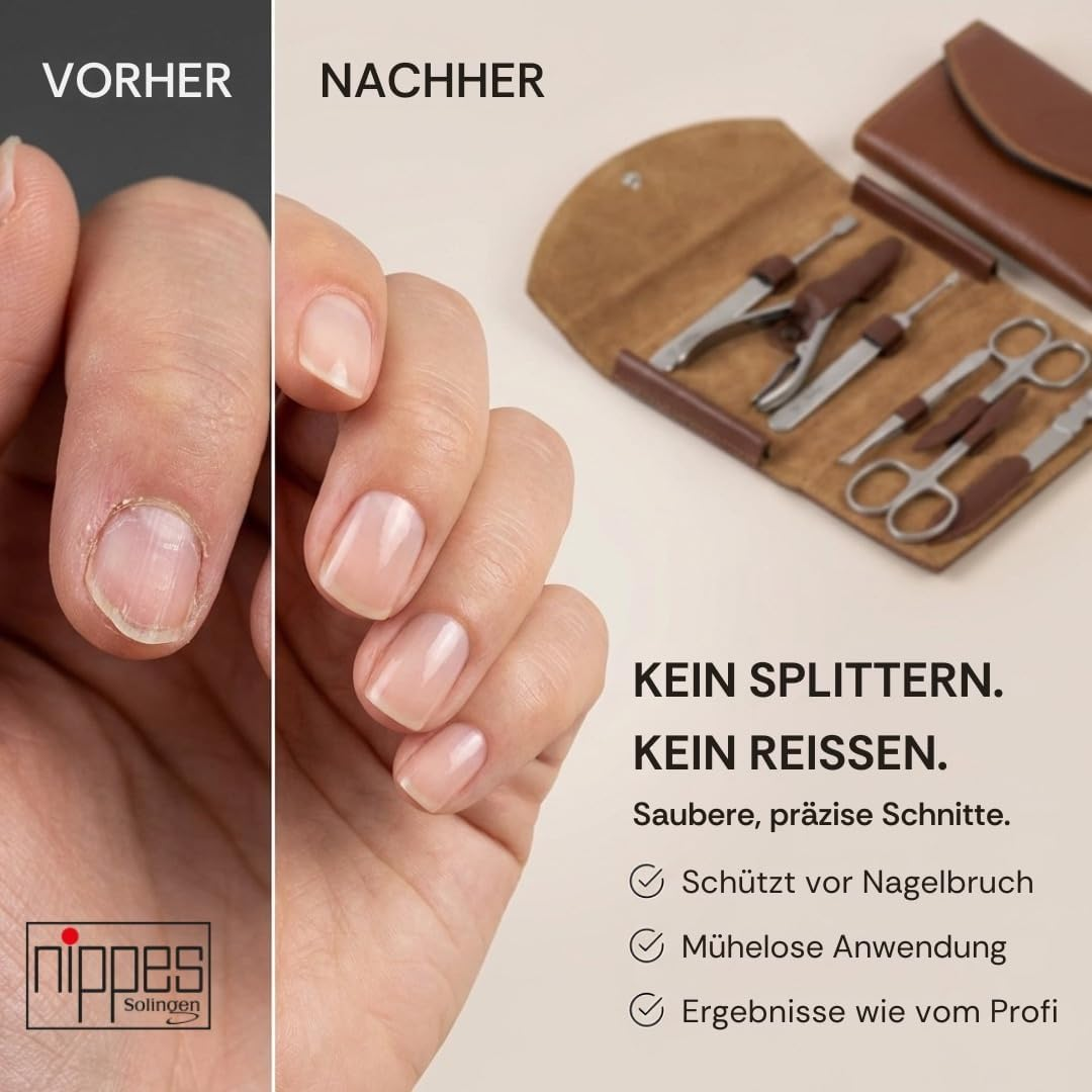 Nippes Solingen Classic Premium Manicure Set, 7 Pieces, Genuine Cowhide Leather Nail Case, Brown, Stainless Steel, Nickel and Rustproof, Nail Set, Nail Care Set, Made in Solingen/Germany