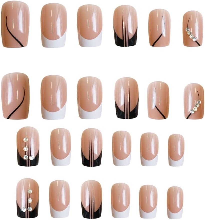 Ztcily French Pink Black Wedding Medium Length False Nails with Crystals for Women Accessories or Gift Idea for Christmas Valentine'S Day Mother'S Day