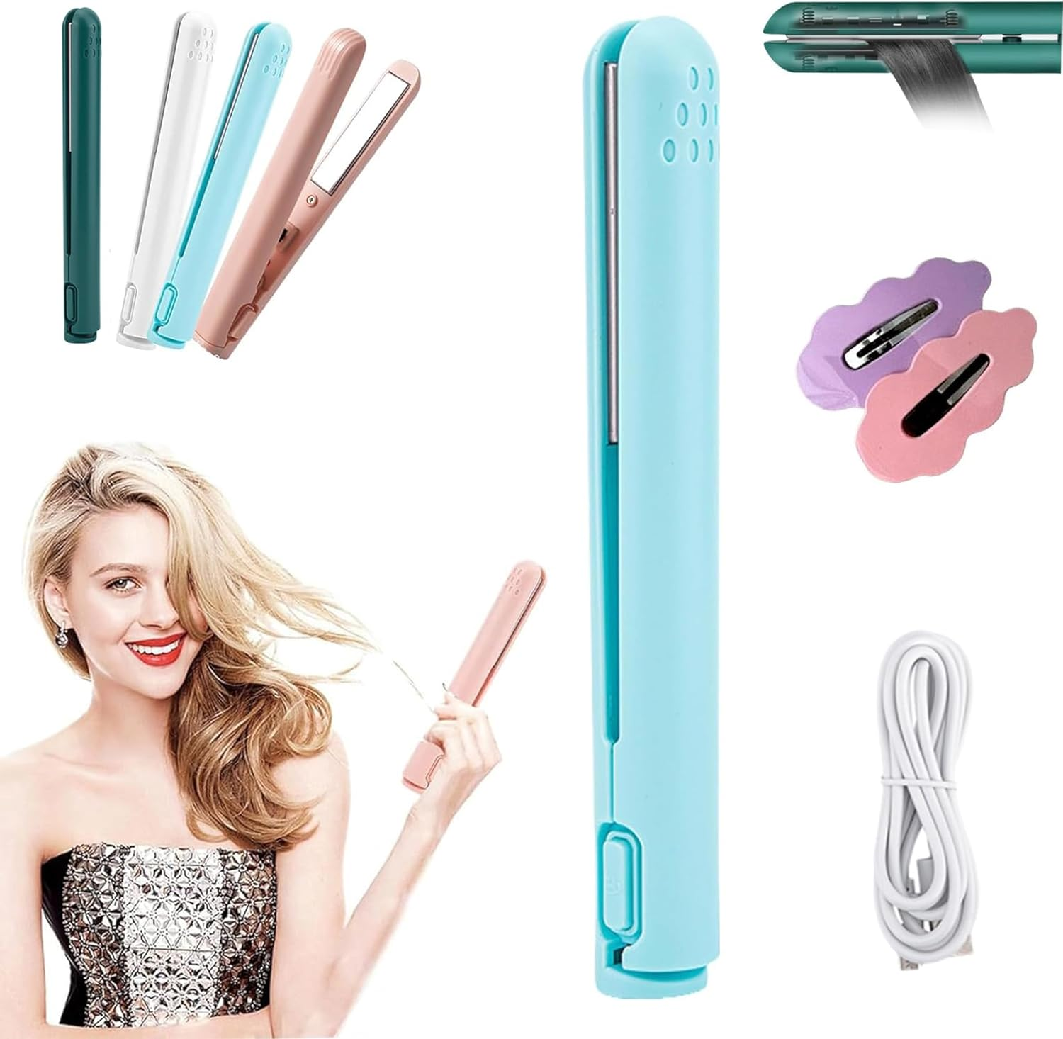 Portrait Mini Dual-Purpose Curling Iron, Ceramic Mini Hair Curler, 2 in 1 Mini Dual-Purpose Curling Iron, USB Rechargeable Curling Wand, Portable Hair Straightener Travel Curling Wand (Pink)