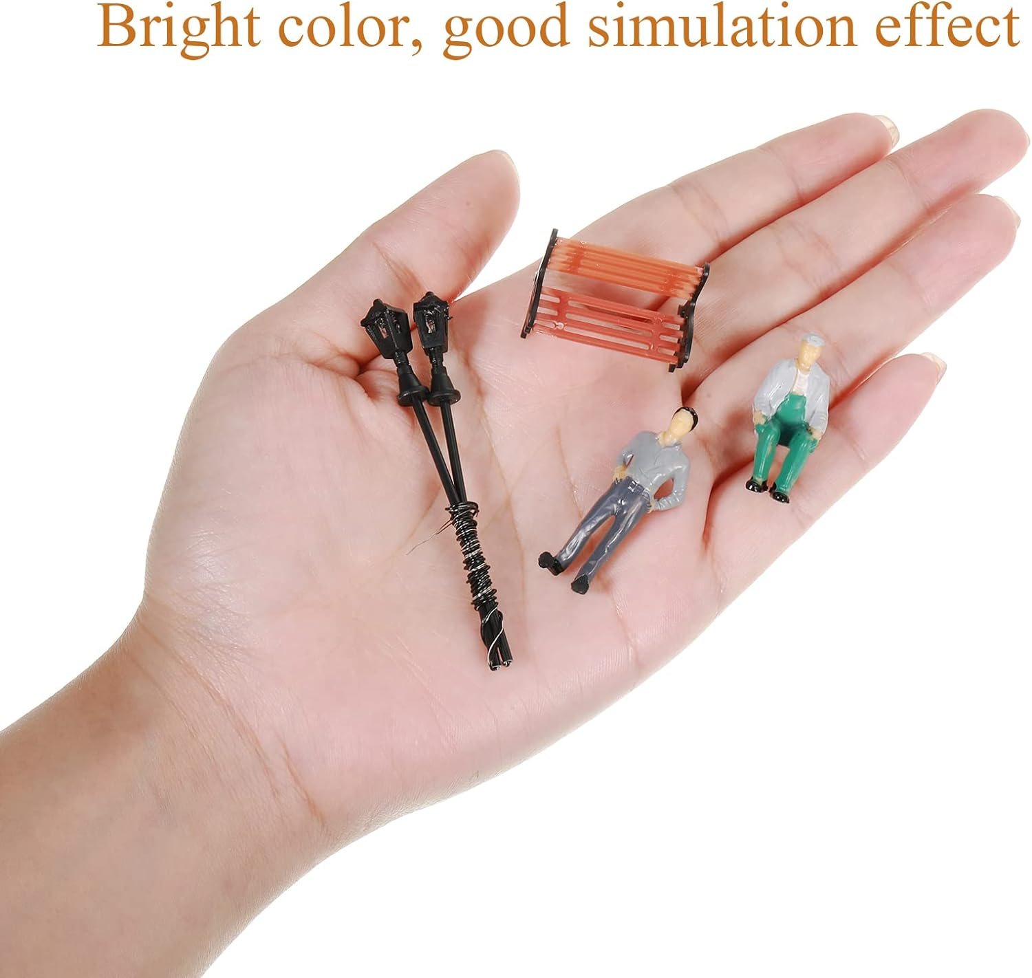 Sratte 55 Pcs 1:30 Scale Model Trains Architectural Scale Painted Figures Set, Include 30 Miniature People 5 Street Lamps 11 Mixed Model Trees 5 Park Street Seat 4 Fake Grass for Miniature Scene image number 2