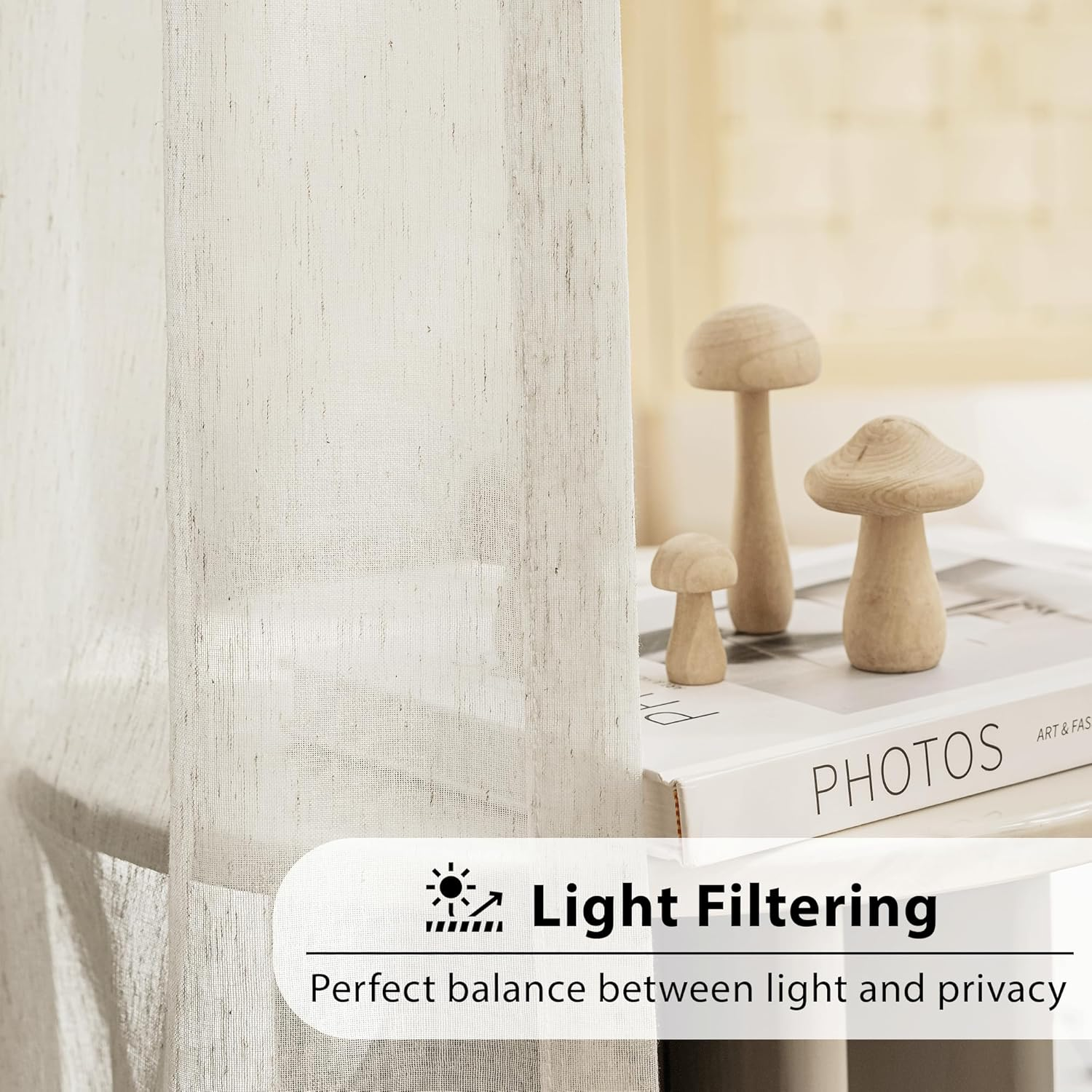 Linen Sheer Curtains 2 Panels, Fabric Polyester Linen Blend, Natural, 84" L | Window Curtains image number 3