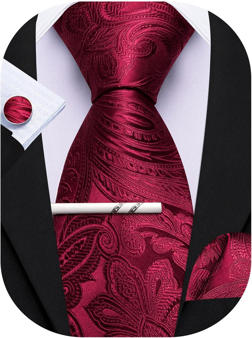 Barry.Wang Paisley Tie with Tie Clip for Men Silk Necktie Pocket Square Cufflinks Set Formal Wedding Party Business