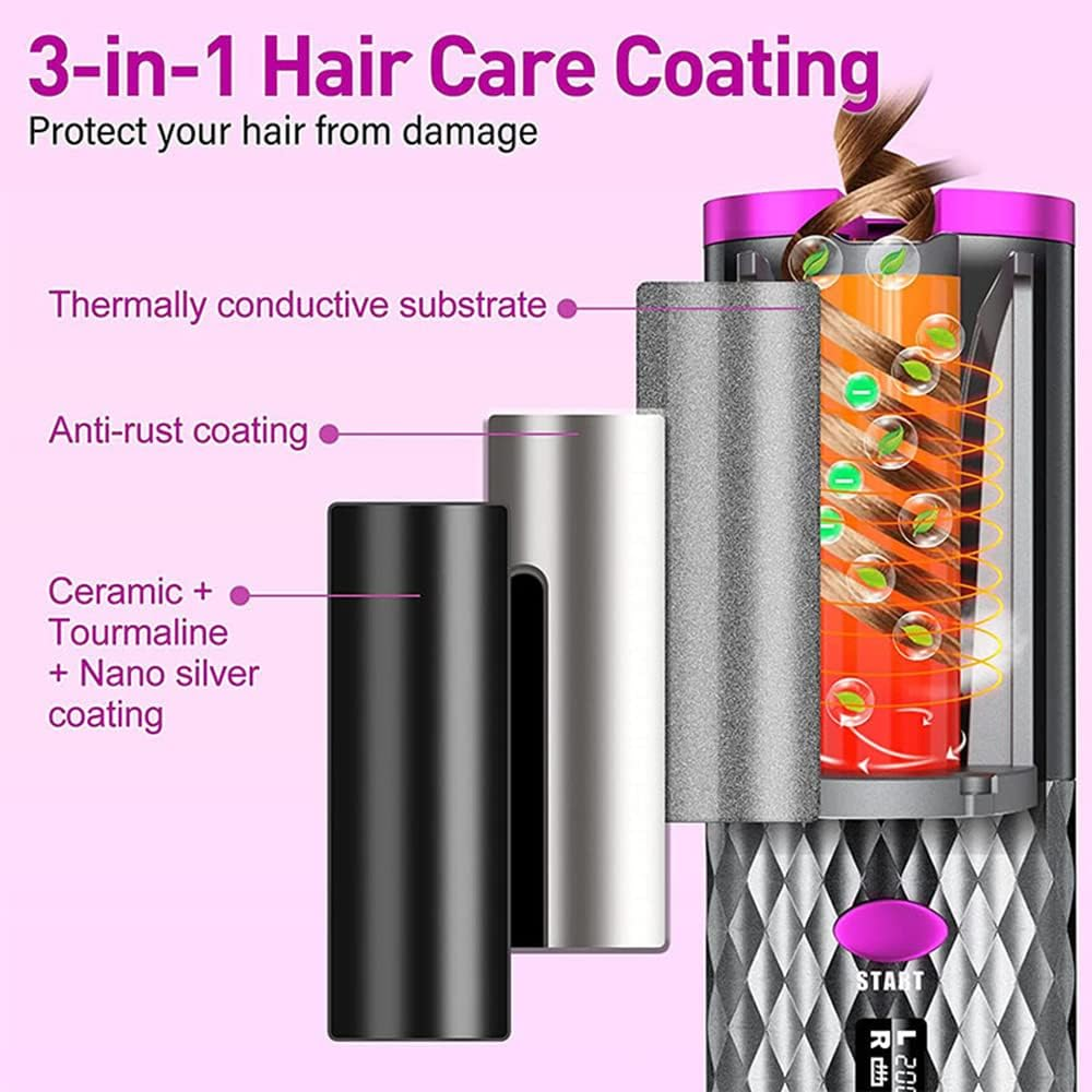 Automatic Hair Curler, Cordless Hair Curler W/Lcd Display & Timer, Portable Wireless Curling Iron, USB Rechargeable Curling Wand, Fast Heating & Auto Shut Off image number 5