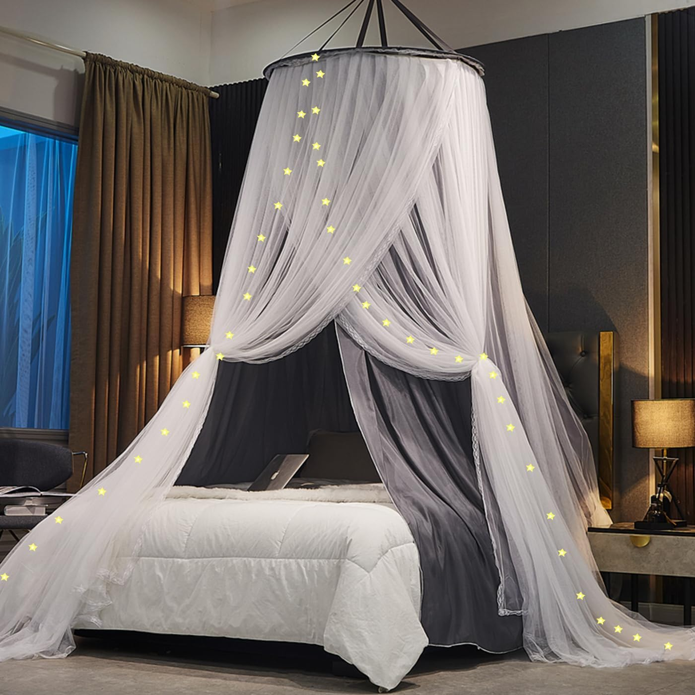 Double Layer Bed Canopy, Elegant Princess round Dome Canopies Netting Large Mesh Bed Curtain Drapes for Kids Adults Children Dreamy Lace Mosquito Nets Bedroom Decoration Castle Play Tent Reading Nook