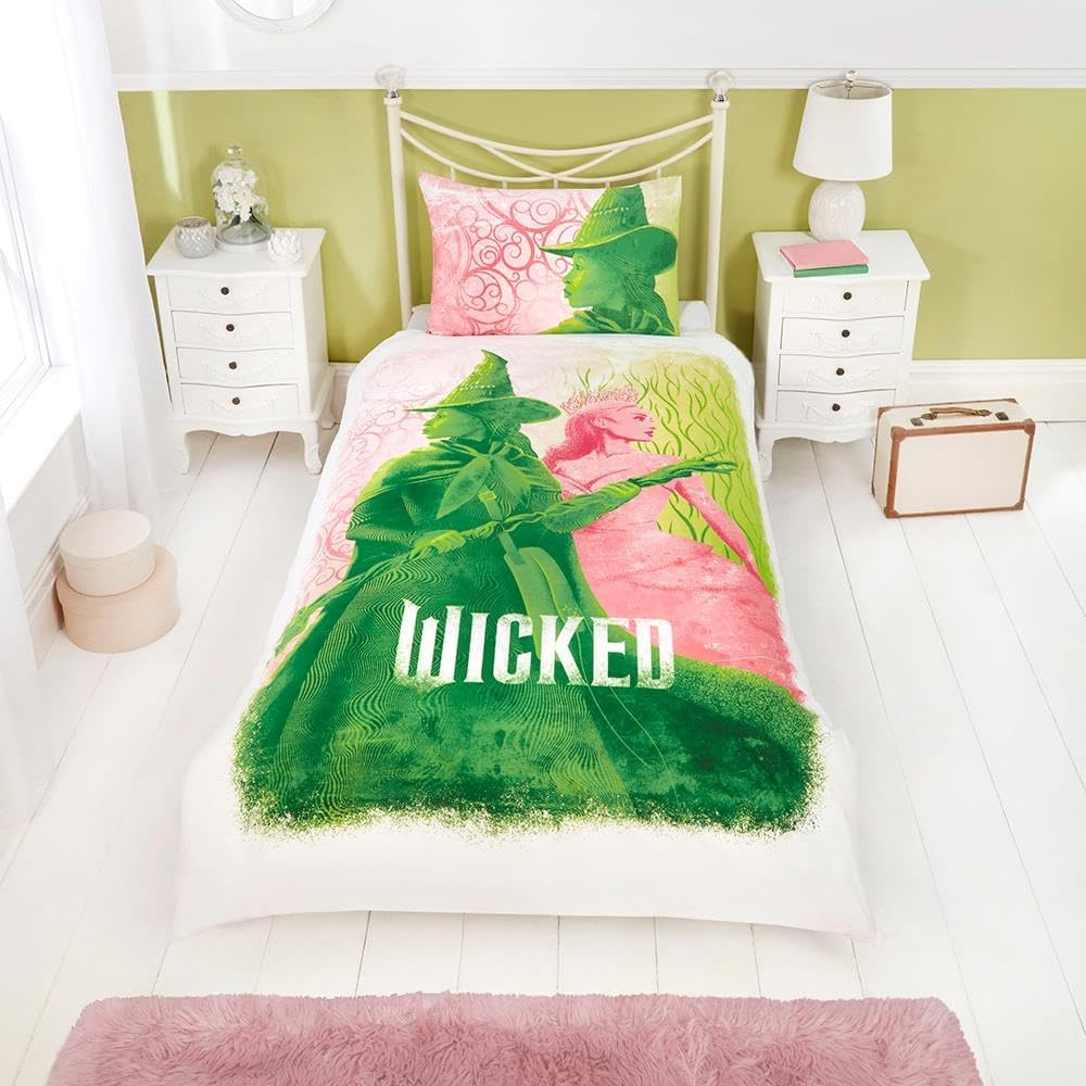 Wicked Glenda & Elphaba Reversible 2 in 1 Design Single Duvet Cover and Pillowcase Set - Polycotton Material -Washable Perfect for Children, Kids, Girls in a Pink and Green Colorway image number 3