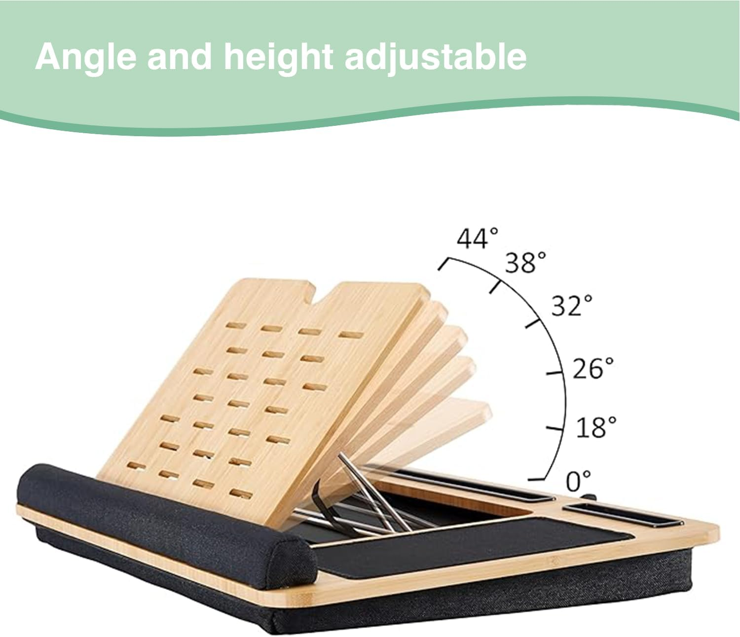 CARLA HOME Bamboo Laptop Lap Desk with Cushion, Angle Adjustable Laptop Computer Stand Bed Desk, Portable Lap Desk W/Handles, Tablet & Phone Holder, Mouse Pad & Shields Heat (Black) - Black image number 6