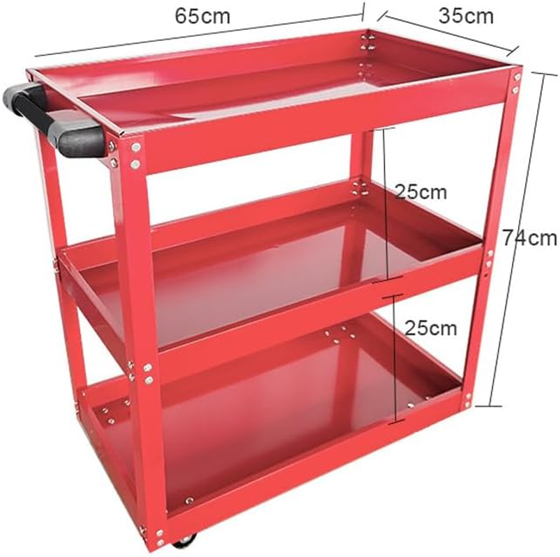 AIMALL Tool Trolley 3 Tiers Workshop Cart Rolling Steel Part Storage Handyman 150KG Red with 330LB Load Capacity, Omni-Directional Wheels, Handle, 25.6"X13.8"X29.1" image number 1