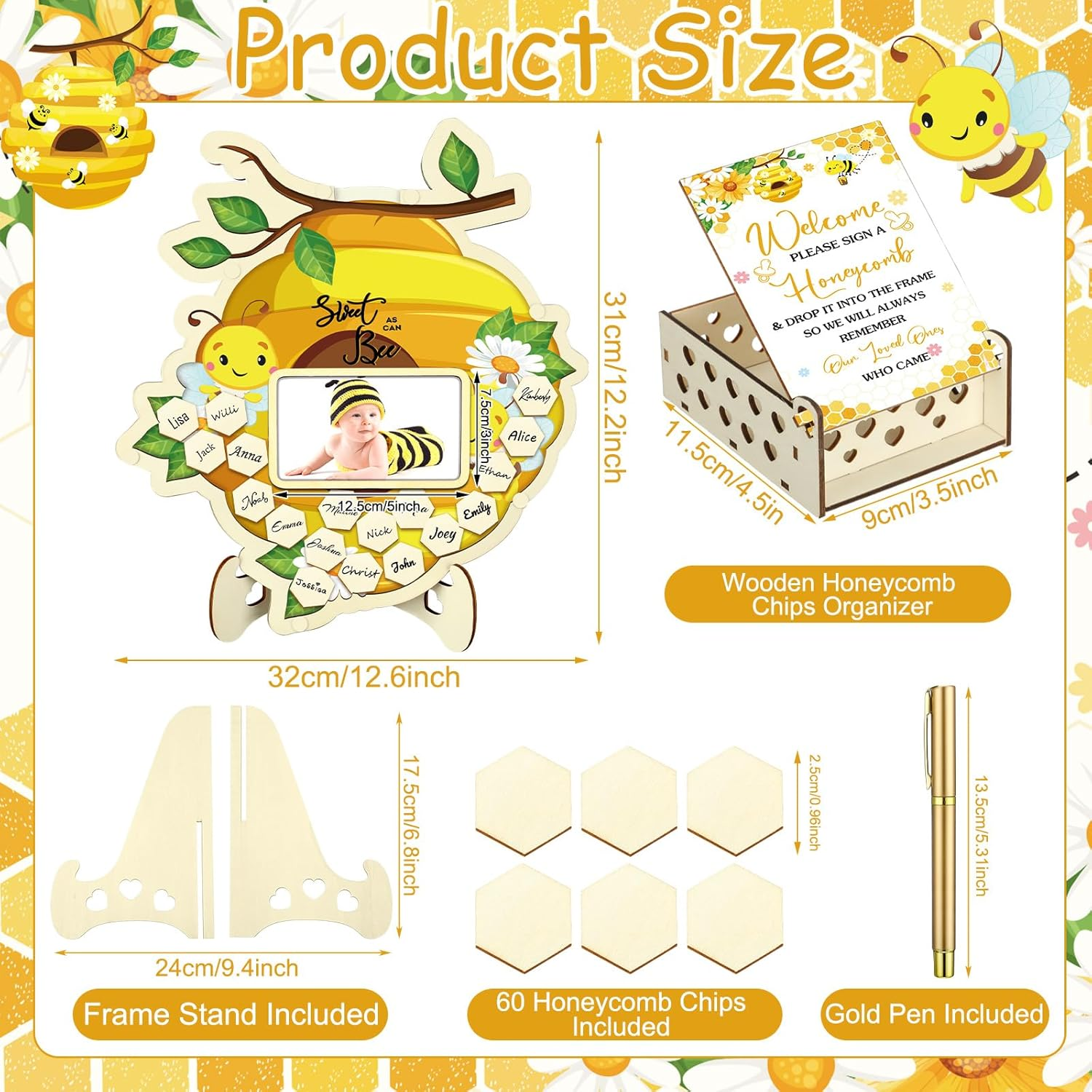 Wenqik 63 Pcs Bee Baby Shower Guest Book Alternatives Set Baby Shower Decorations with Photo Frame Sonogram Frame Keepsake 60 Wood Slices Guest Book for Birthday