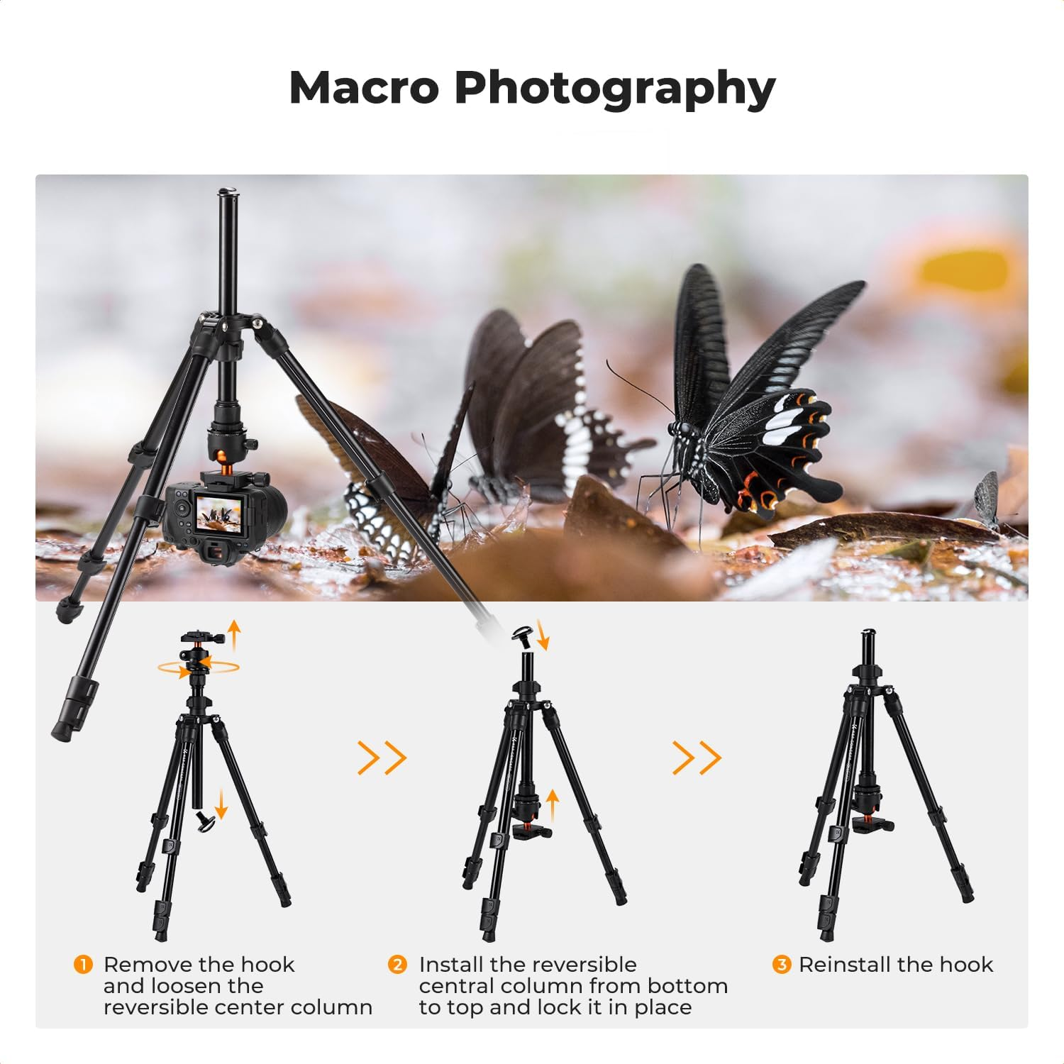 K&F Concept 76 Inch Camera Tripod with Rotatable Multi-Angle Center Column,Lightweight Travel Outdoor DSLR Tripods with 360 Degree Ball Head Load Capacity 8Kg/17.6Lbs, Cellphone Clips for Smartphone image number 4