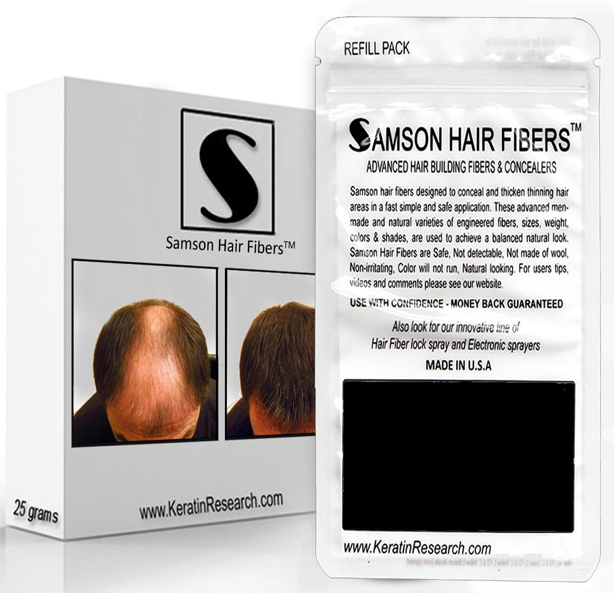 Samson Hair Fibers for Thinning Hair - 100% Undetectable Natural Formula - Completely Conceals Hair Loss in Seconds. Covers Bald Spots. Thicken Your Hair Instantly - 25 Grams Refill (MED. BROWN)