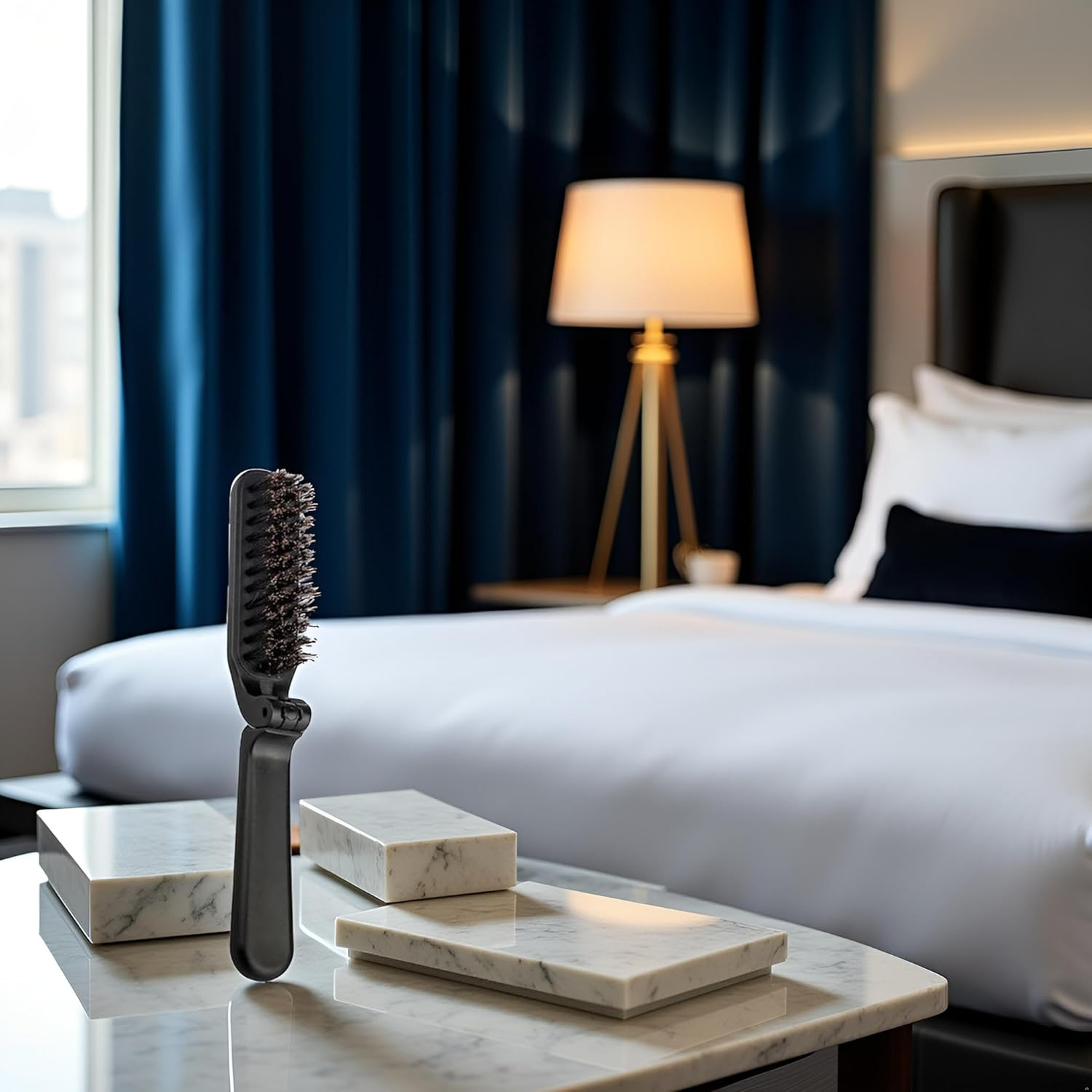 Black Travel Folding Boar Bristle Brush - Collapsible Anti-Static Pocket Hair Styling Tool for Women and Men, Hair Brushes