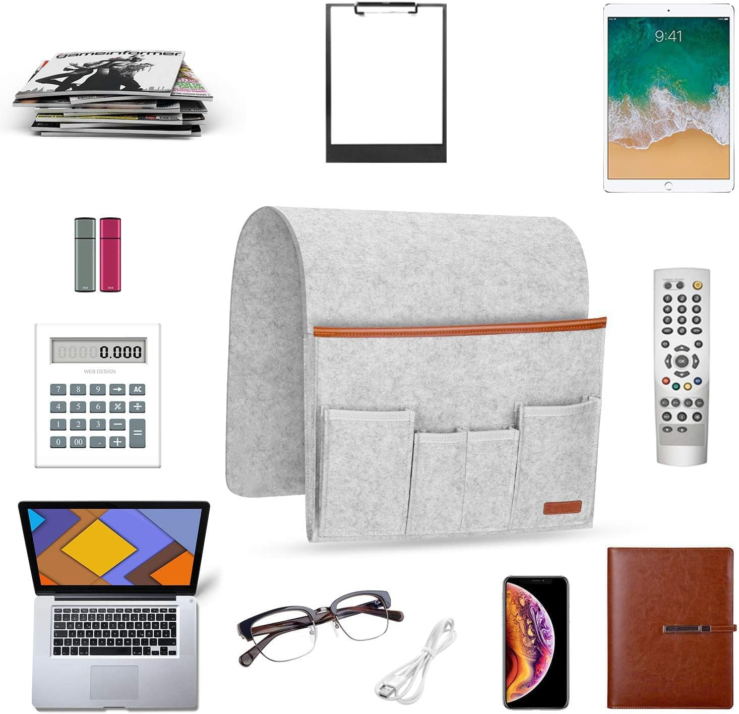 Sofa Armrest Organizer, Hanging Sofa Caddy Storage Bag with Long Flap and Hook, Sofa Remote Control Holder Bag with 5 Pockets for Magazine, Glasses, Tablet, Phone, Ipad, Non-Slip (Grey) image number 5