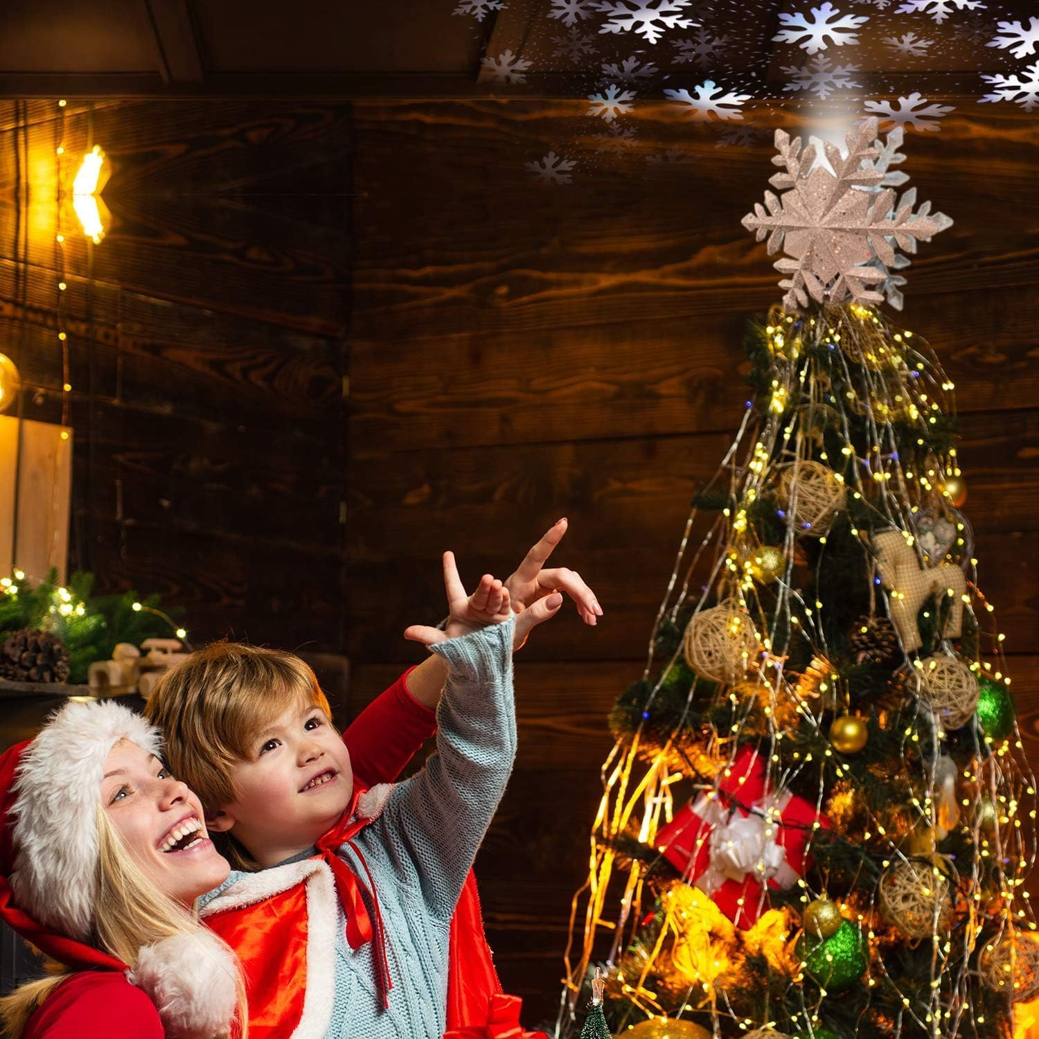 Christmas Tree Topper Lighted with Snowflake Projector, LED Rotating Snowflake Glitter Lighted Snow Tree Topper for Christmas Tree Decoration Home Office New Year Holiday Party Decor (Silver) image number 6