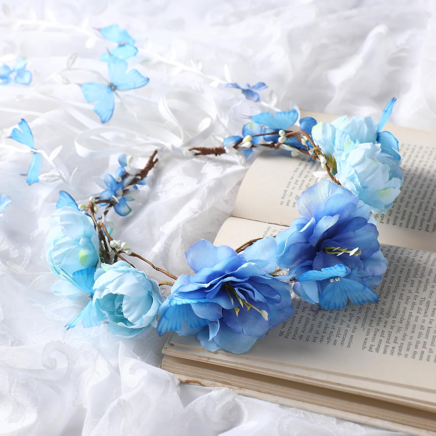 Partyforu Blue Flower Crown Headpiece for Women, Flower Headband with Butterfly, Bohemian Vine Crown, Hippie Flower Headpiece for Wedding, Party, Bridal Shower, Renaissance image number 2