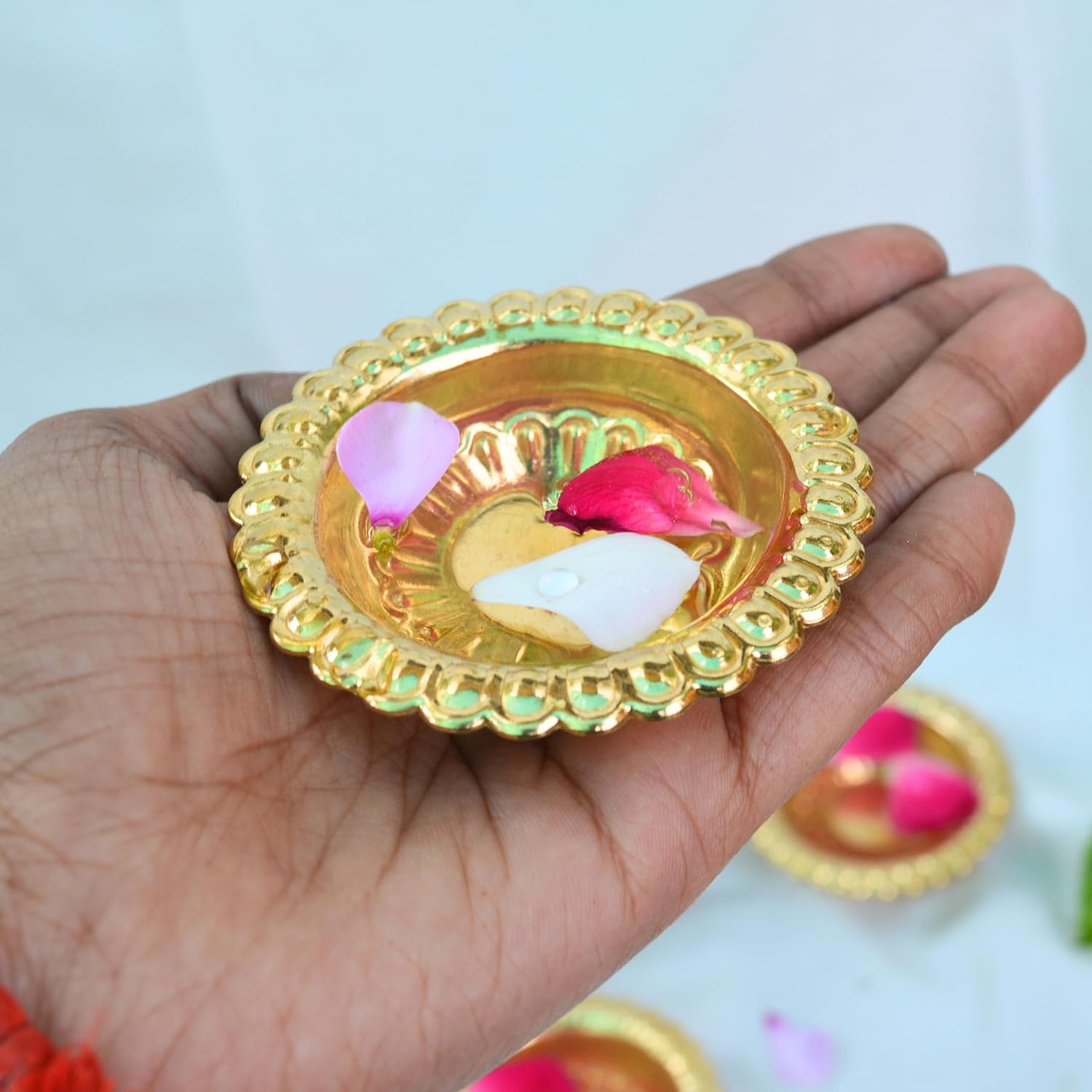 Handmade Gold Engraved Diya Traditional Indian Oil Lamp, Brass Diya for Pooja and Other Religious Rituals - Deepawali /Home Decor/Office and Temple/ Festive Gift (Pack of 4) image number 3