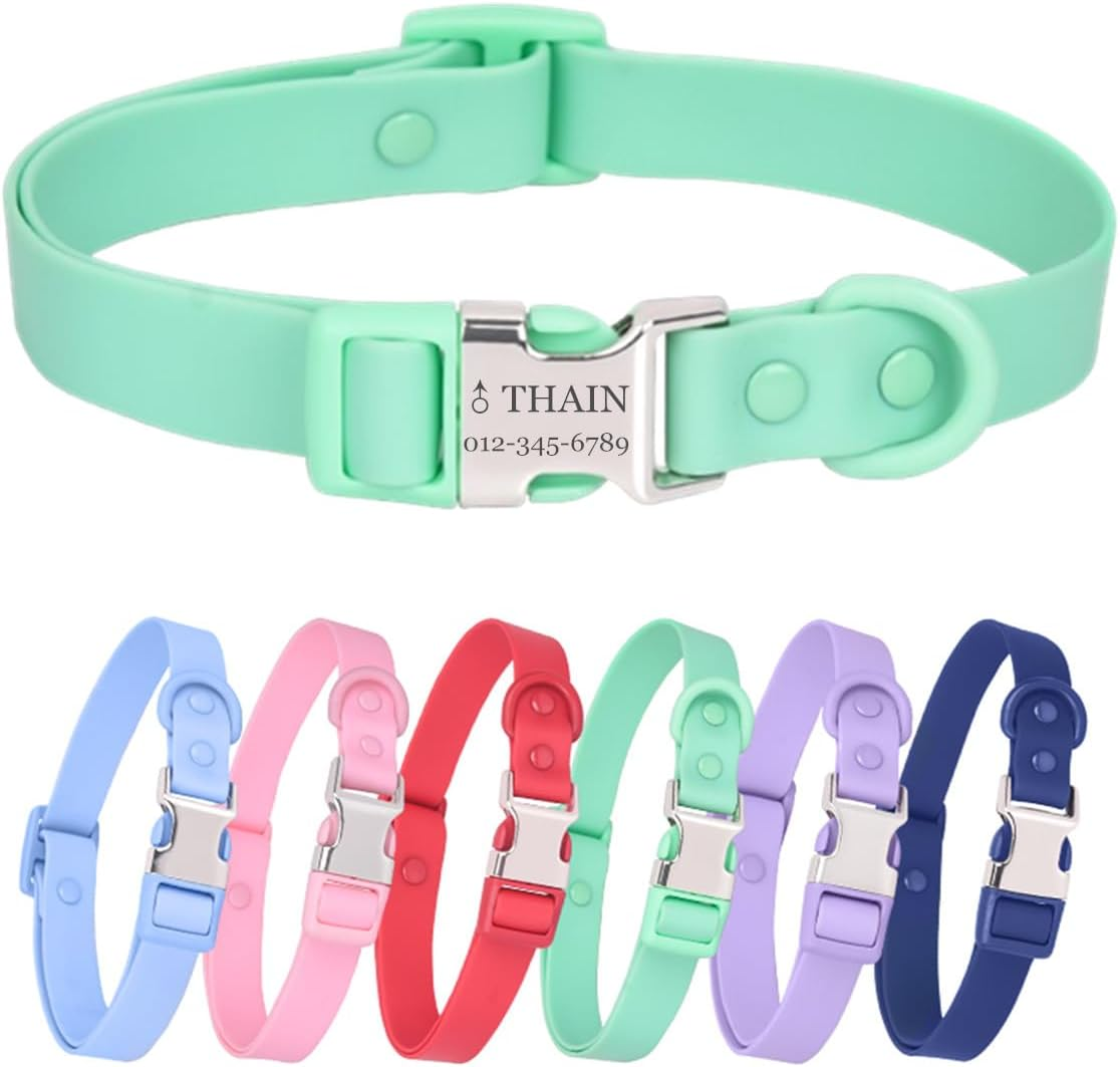 THAIN Personalized Waterproof Dog Collar with Name Plate,Custom Easy Clean PVC Dog Collar with Engraved Buckle ID Name and Number for Small Medium Large Dogs (Navy, M)