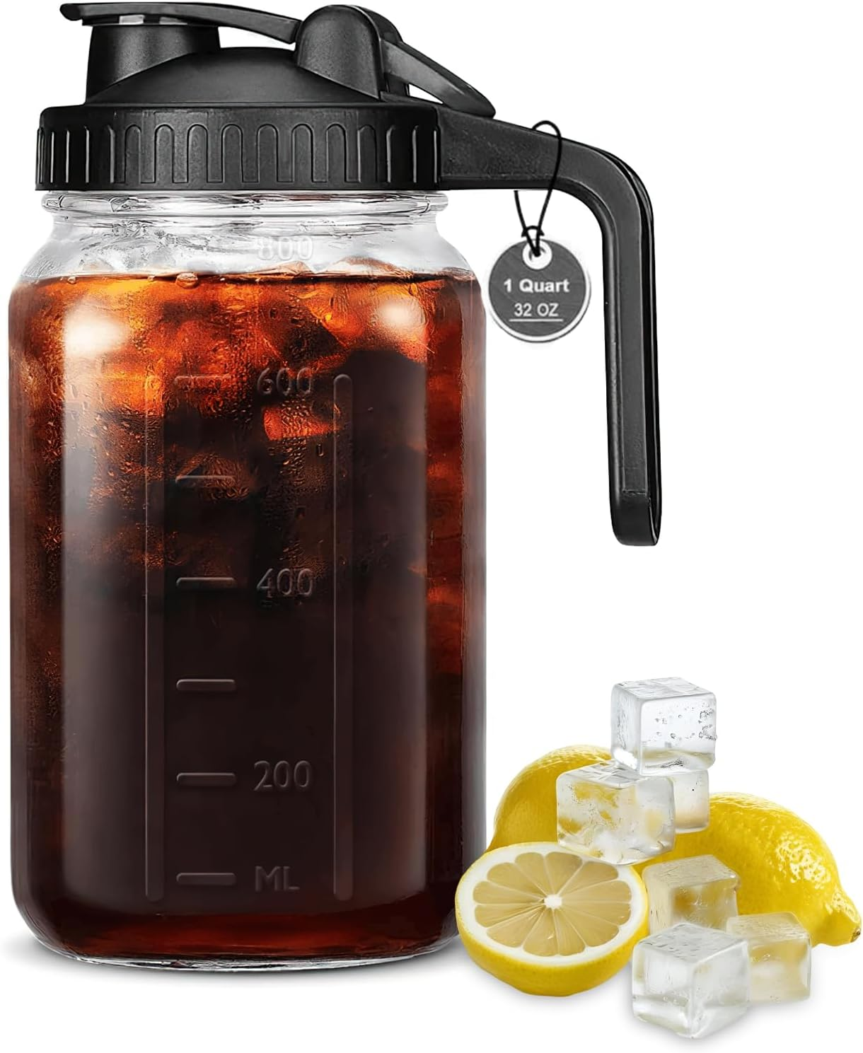 XURUIAU 32 Ounce Glass Mason Jar Water Bottle with Spout Handle Leak Proof Silicone Seal Ideal for Cold Brew Coffee Milk Juice Lemonade Breast Milk Storage and Other Beverages，Black image number 6