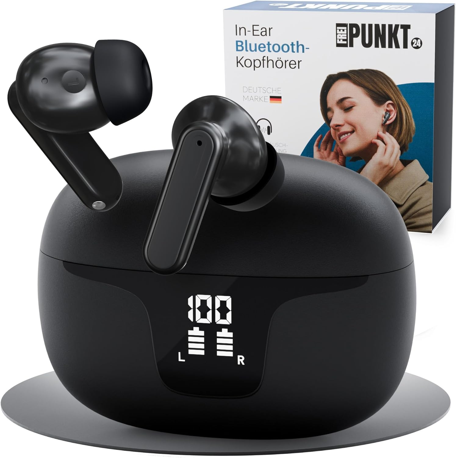 FREI PUNKT 24 In-Ear Headphones - Bluetooth 5.3, White, ANC+ENC Noise Cancellation, 6+48H Runtime, LED Display, Rich Bass, 3 Pairs Silicone Ear Tips