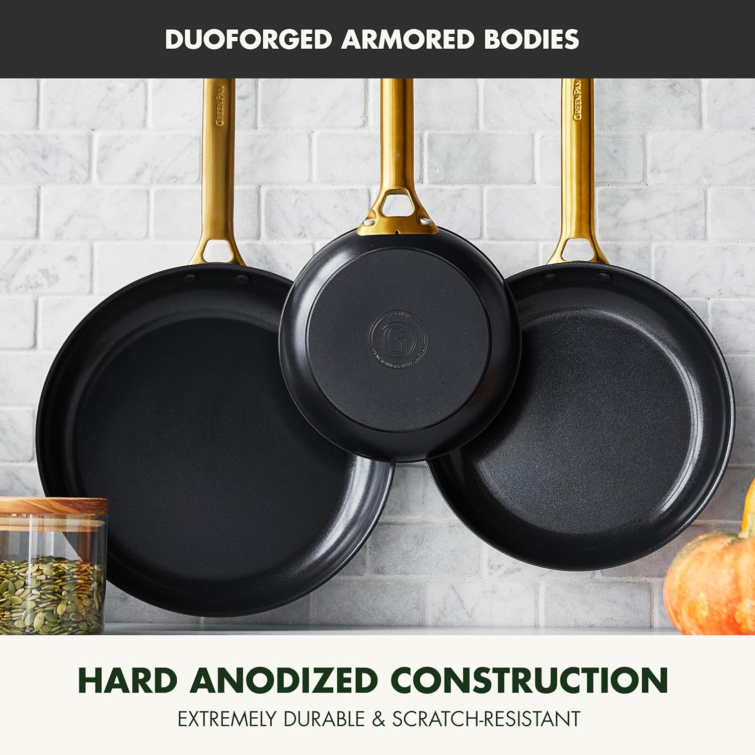 Greenpan Reserve Hard Anodized Healthy Ceramic Nonstick, 8" 10" and 12" 3 Piece Frying Pan Skillet Set, Gold Handle, Pfas-Free, Dishwasher Safe, Oven Safe, Black image number 3