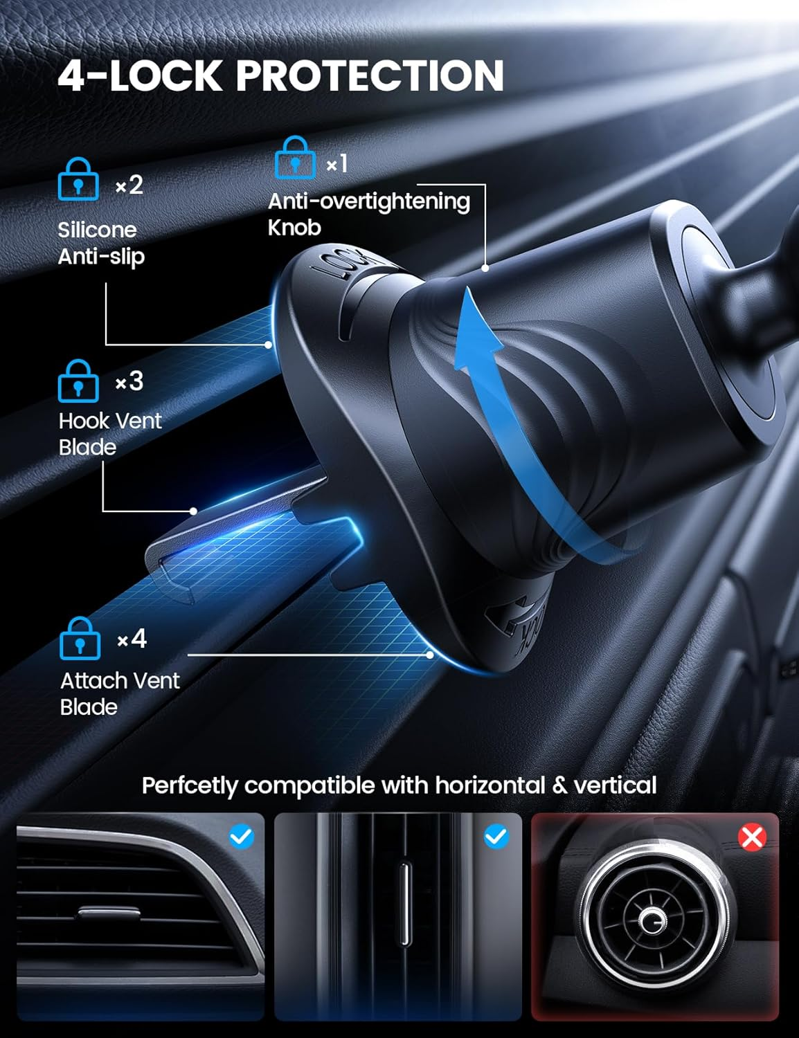 Lamicall Car Phone Holder Mount [3-In-1 Military-Grade Suction Cup] 360&deg; Rotation Phone Holders for Your Car [Metal Hook] Cell Phone Car Mount Dashboard Vent Windshield for Iphone 16 All Smartphone