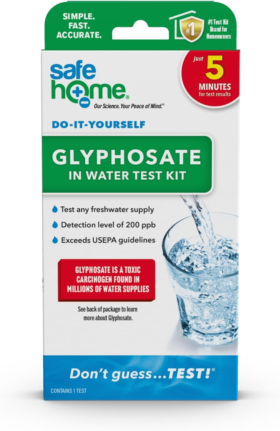 Safe Home DIY Glyphosate Test Kit - Detect Toxic Herbicide in Water, Soil, Fruits, Vegetables, and More - 5 Minute Test to 200 PPB - (1 Pack)