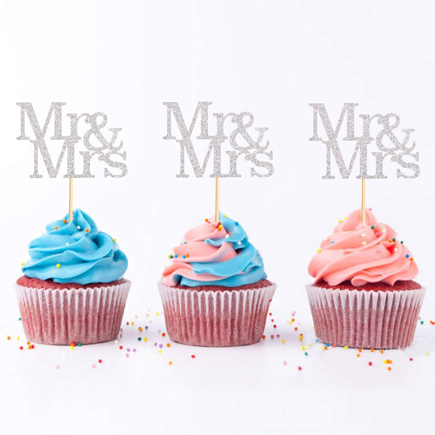 48PCS Sliver Mr & Mrs Cupcake Toppers Wedding Propose Cucpake Picks Bridal Baby Shower Party Decoration Supplies image number 5
