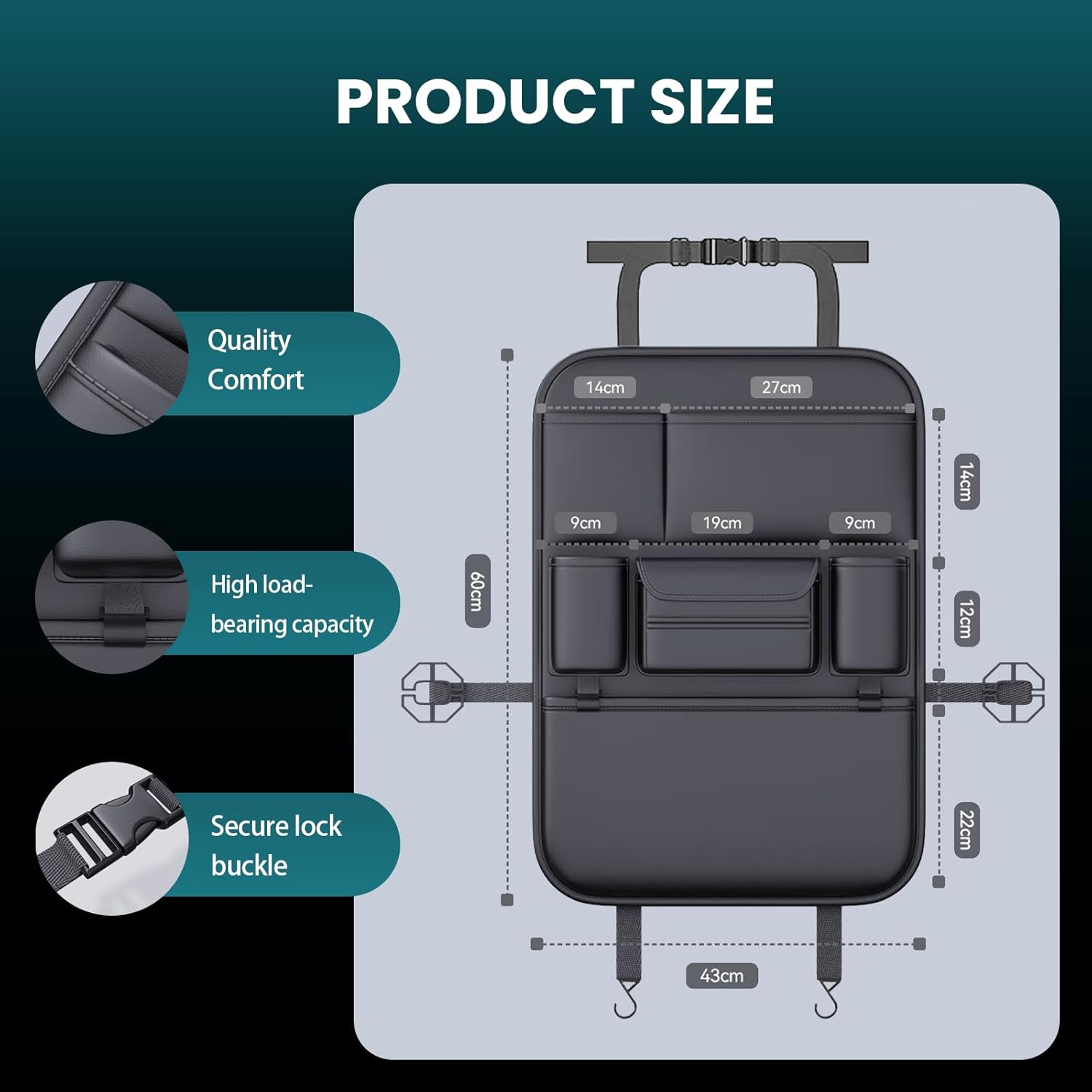 Car Backseat Organizer 2-Pack- Kick Mats Back with 6 Storage Pockets,And Adjustable Buckle Strap Waterproof Car Storage Organizer Backseatuse Premium Leather for Family Road Trips image number 4