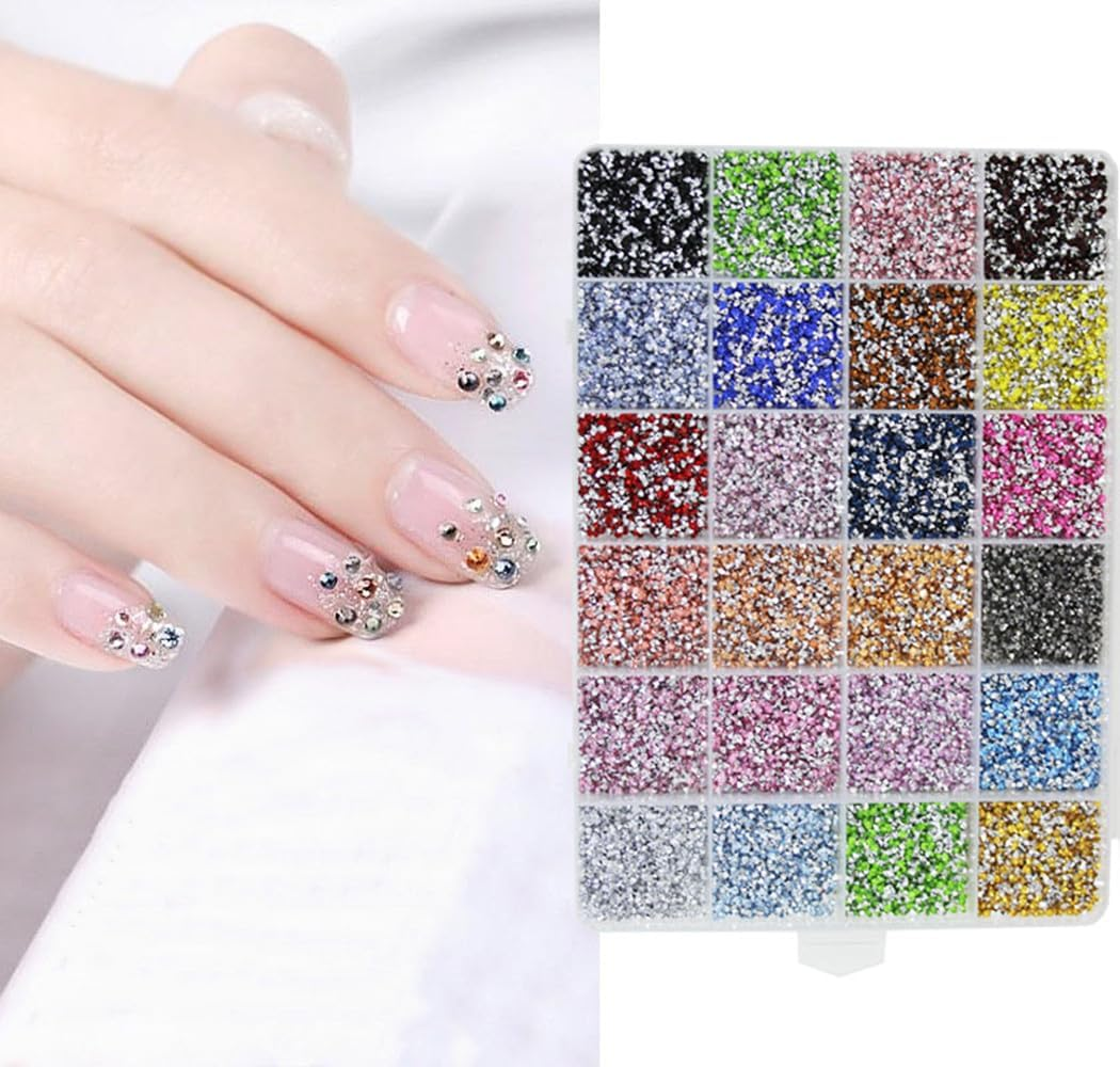 24000Pcs Nail Art Rhinestones, Betterjonny 24 Colors 2Mm round Nail Tip-Bottomed Rainbow Gems Set with Tweezers AB Glitter Rhinestone for Crafts Decoration and Jewelry Making