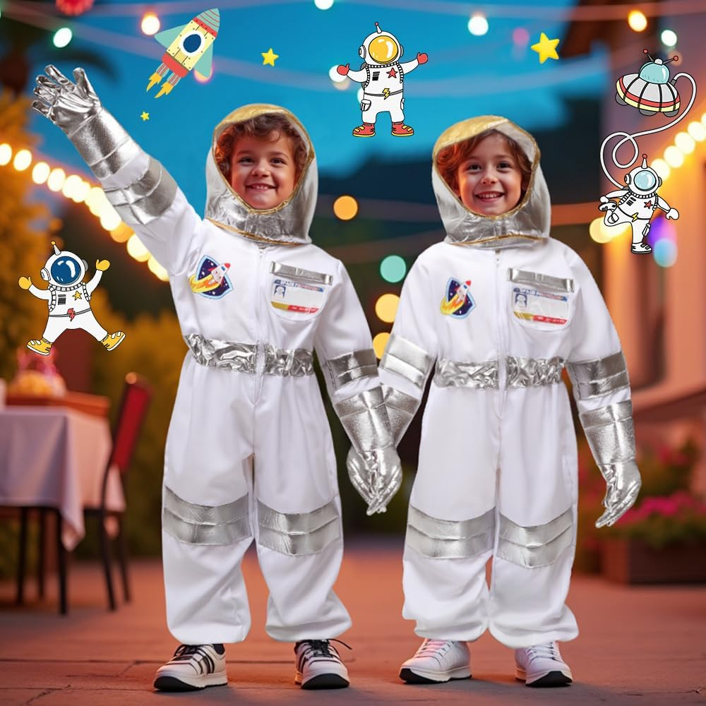 AUTOWT Astronaut Costume Set for Kids, 3 PCS Zippered Space Jumpsuit, White Pilot Spacesuit Breathable Astronaut Dress up Clothes with Space NASA Hat Gloves for Boys Girls Aged 3 4 5 6 7 8 image number 3