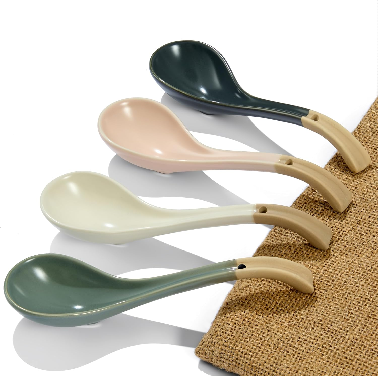 Asian Ceramic Soup Spoon, with Long Handle Easy to Hold, Non-Slip Bottom, for Japanese Ramen, Chinese and Vietnamese Wonton, Noodle Soup Spoons (V86)