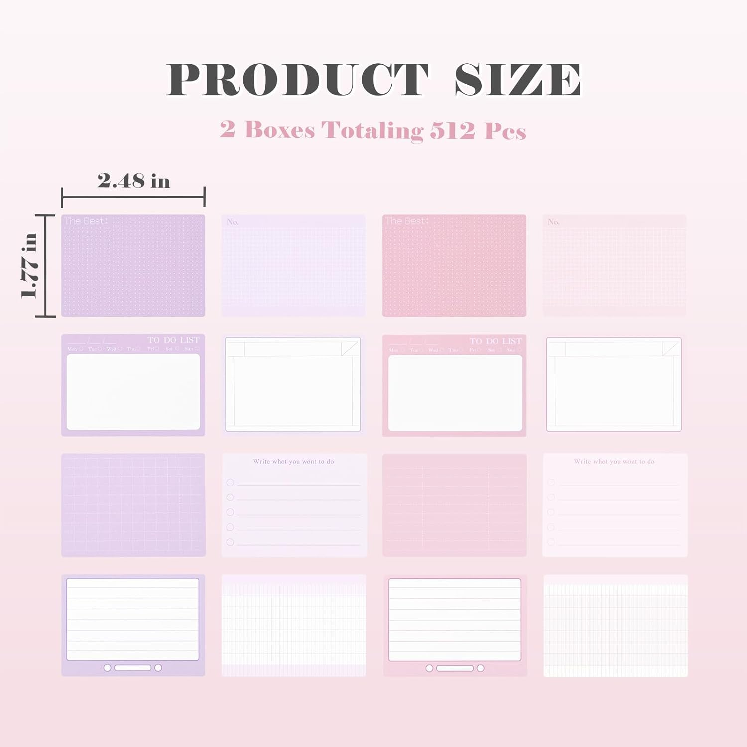 BAYTORY 512 Sheets Sticky Notes Roll Tape, 1.7 X 2.4 Inch Full Adhesive Pop-Out Sticky Notes with Pull Out Dispenser Boxes, Memo Pads Sticker Label for Noting Writing (Pink & Purple) - Pink  Purple image number 2