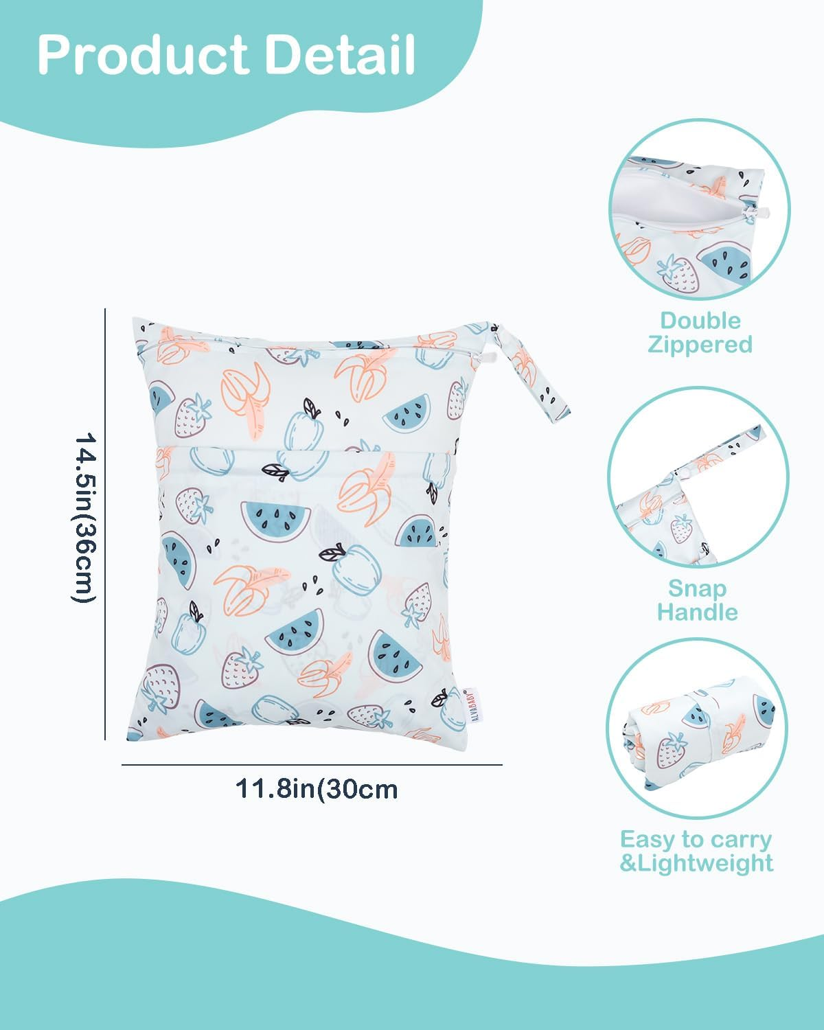 ALVABABY 3 Cloth Diaper Wet Dry Bags Waterproof Reusable with Two Zippered Pockets Travel Beach Pool Daycare Soiled Baby Items Yoga Gym Bag for Swimsuits or Wet Clothes Small Medium Large 3L-ZM29-AU image number 2