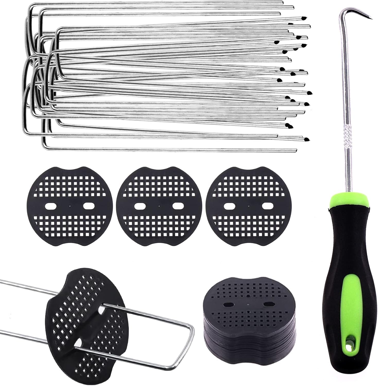 Swpeet 201Pcs U-Shaped Landscape Garden Stakes Staples and Plastic Fixing Gasket with Pick Hook Assortment Kit, Garden Lawn Landscape Staples for Irrigation Hoses, Fixed Fences, Artificial Turf Nails image number 1