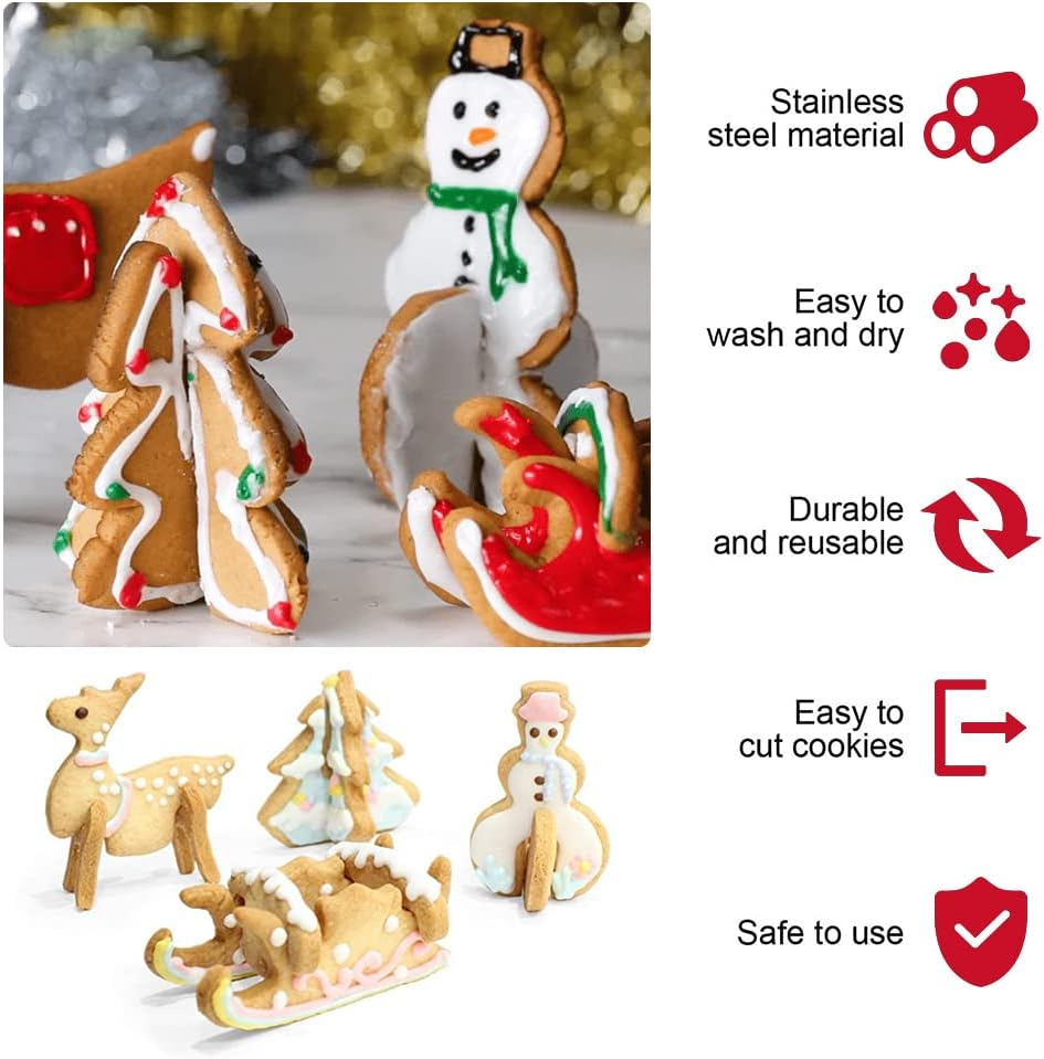 3D Christmas Cookie Cutters, 3D Gingerbread House Shape, Includes Christmas Tree, Snowman, Reindeer and Sleigh Shapes, for Biscuits, Baking, Kitchen Accessories, Pack of 18 image number 3
