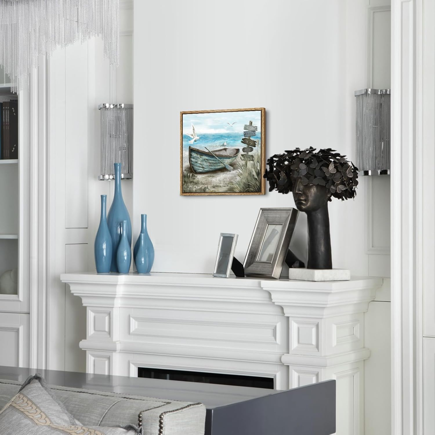 Framed Wall Art Beach D&eacute;cor Ocean Canvas Picture Coastal Artwork Sea Bird Boat Blue Tan Small Rustic Beachy Canvas Print for Bathroom Bedroom Living Room image number 3