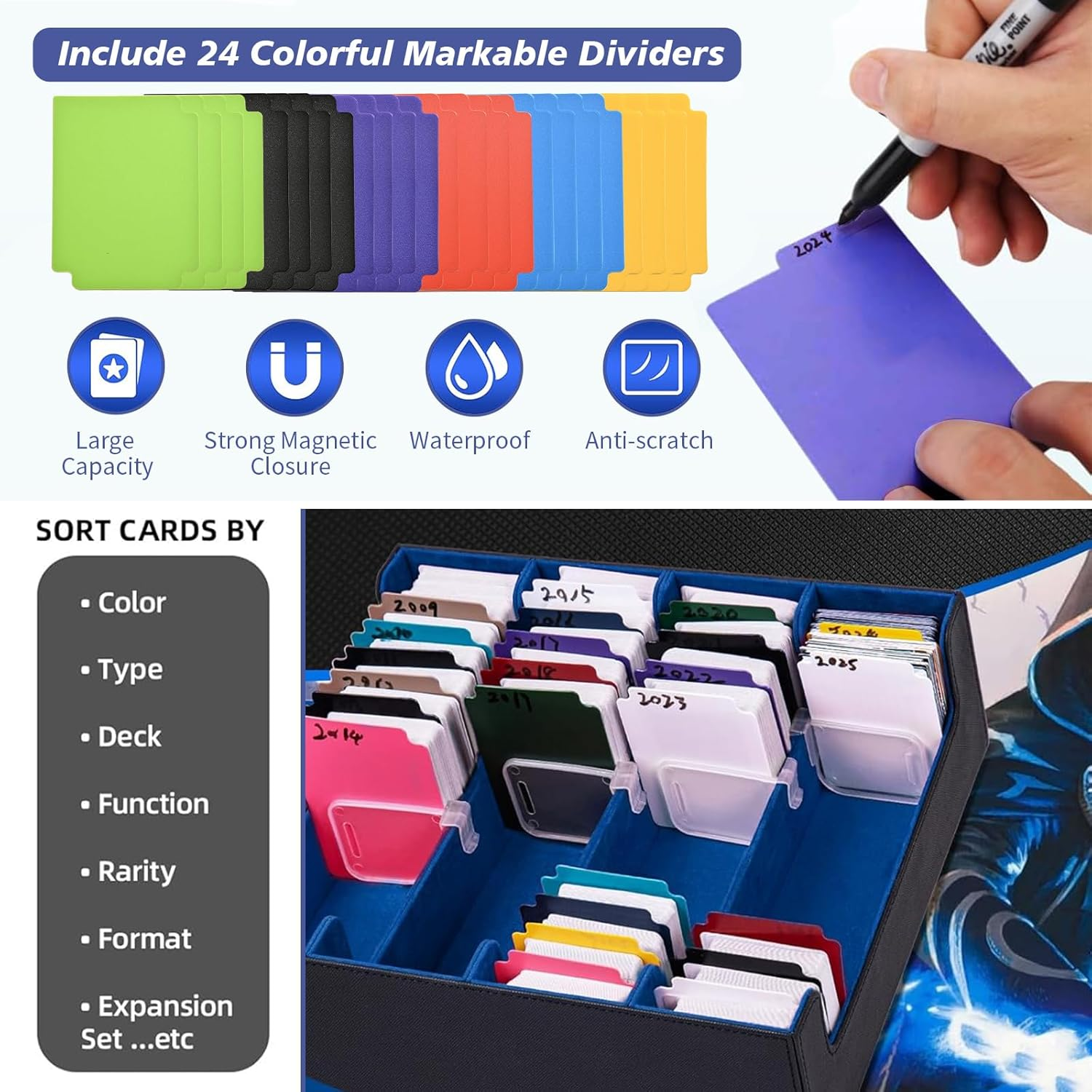 PU Leather Trading Card Deck Case with Display Windows, 3000+ MTG Deck Box with 24 PCS Colorful Dividers Tabs, Magnetic Closure Storage Boxes, Slot Support for Magic Game Cards (BKRED) image number 1