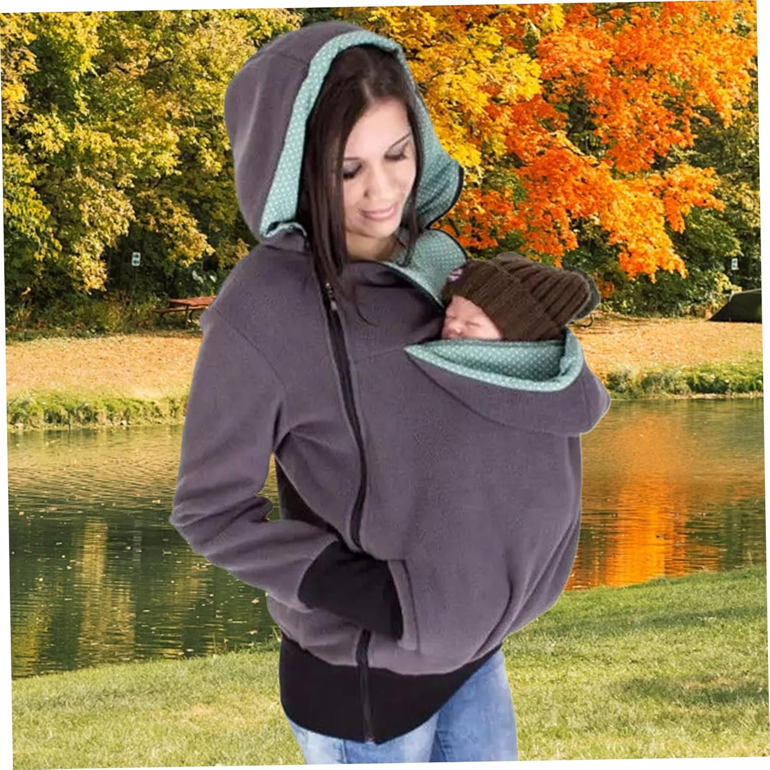 Maternity Hoodie 3-In-1 Removable Kangaroo Pouch Hoodie Winter Soft Warm Baby Wearing Jacket Multifunction Cozy Maternity Jacket for Mom and Baby Light Purple image number 5