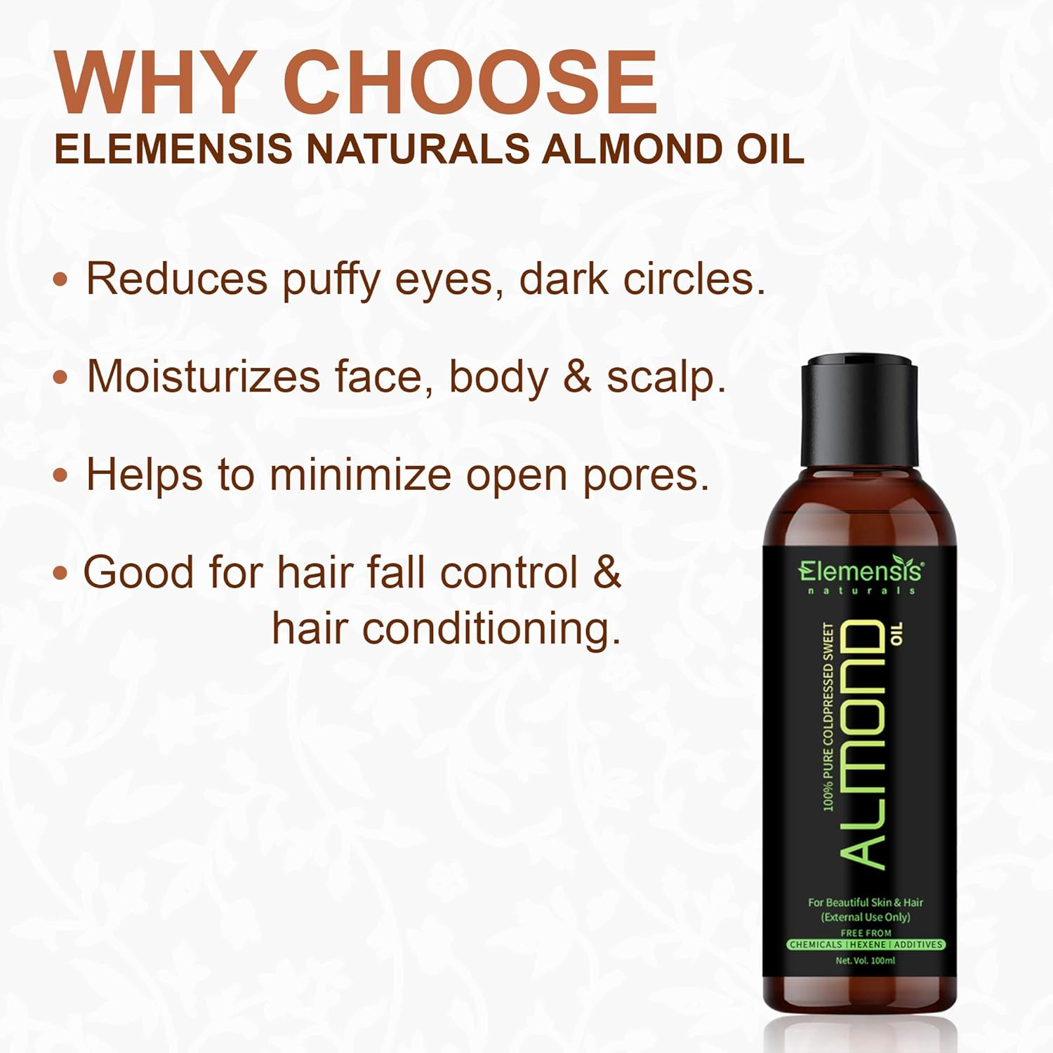 Elemensis Naturals Pure Almond Oil, Cold Pressed, to Support Hair Growth, Good Skin and Hair, 100Ml image number 1