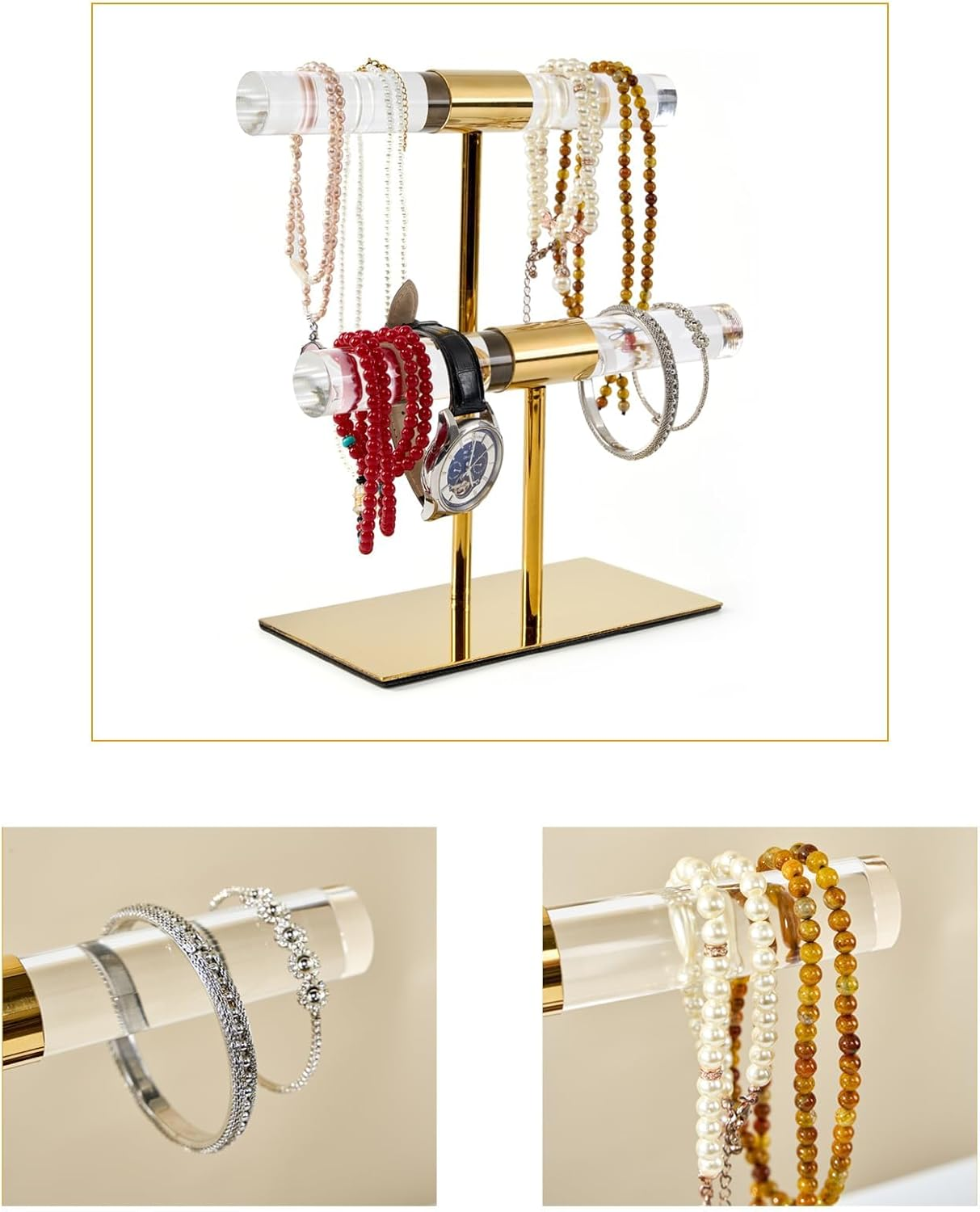 UPAUS Display Stand Acrylic Jewelry Towers, 2-Tier Gold Stainless Steel Jewelry Display Stand, Crystal T Bar Jewelry Organizer, Long Necklaces Stand Holder, Home Decor for Store Boutique Vendors image number 4
