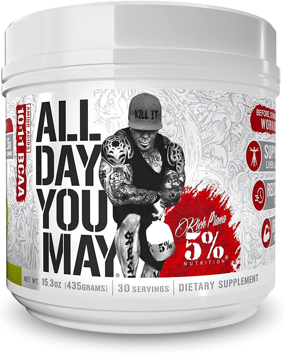 Rich Piana 5% Nutrition All Day You May - Lemon-Lime Flavour - 10:1:1 BCAA Post Workout Muscle & Joint Recovery Drink Supplement Powder, Essential Amino Acids, Sugar-Free, 435G, 30 Servings