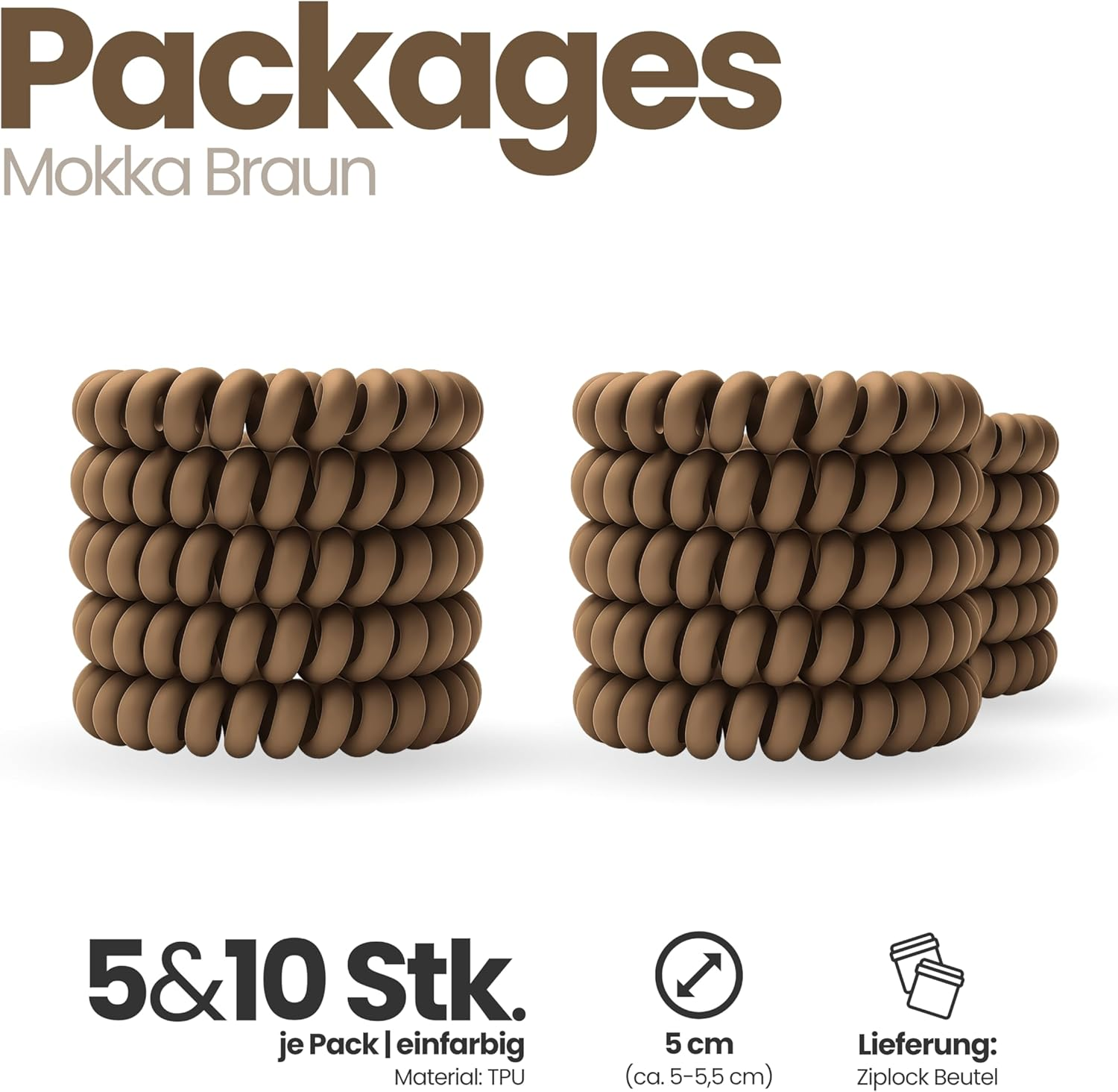 Specora Spiral Hair Scrunchies Mocha Pack of 10-5 Cm - TPU - Telephone Cable Scrunchie - No Pulling & Tangling - Elastic, No Mark, Gentle on Hair image number 2