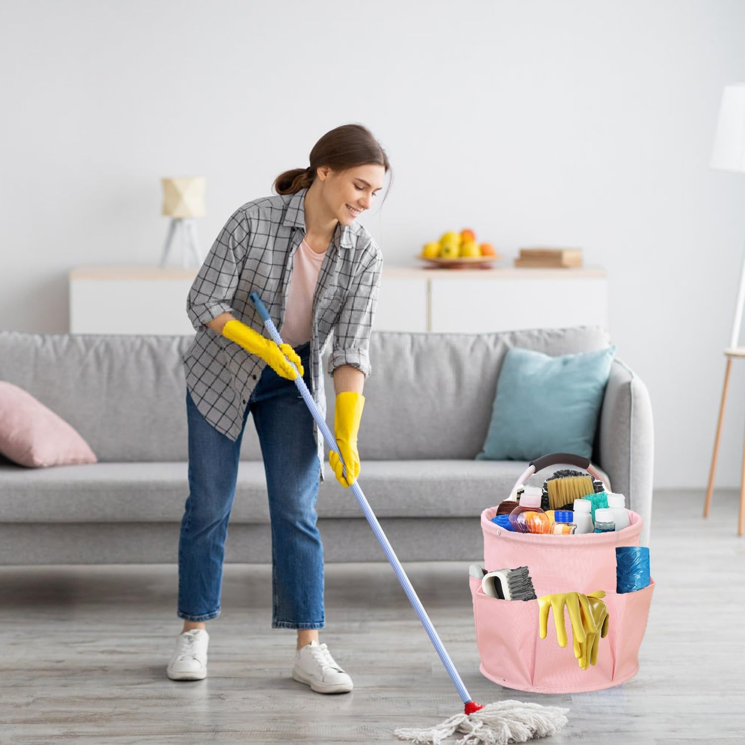 Cleaning Supplies Organiser, Cleaning Bag, Foldable Cleaning Bag, Cleaning Bag, Cleaning Agent Organiser Portable with Handle and Six Pockets for Indoor, Garden, Bathroom, Black (Pink) - Black image number 5
