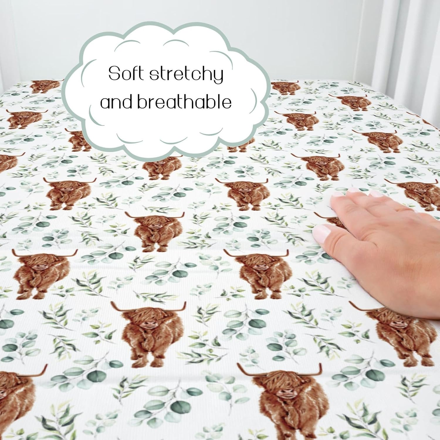 Hawskgfub Highland Cow Eucalyptus Leaf Fitted Standard Crib Sheet for Baby Boy Girl, Neutral Western Farm Animal Yak Toddler Mattress Cover, Soft Stretchy Nursery Bed Sheets Decor Kids Gift 52" X 28" - Duck image number 4