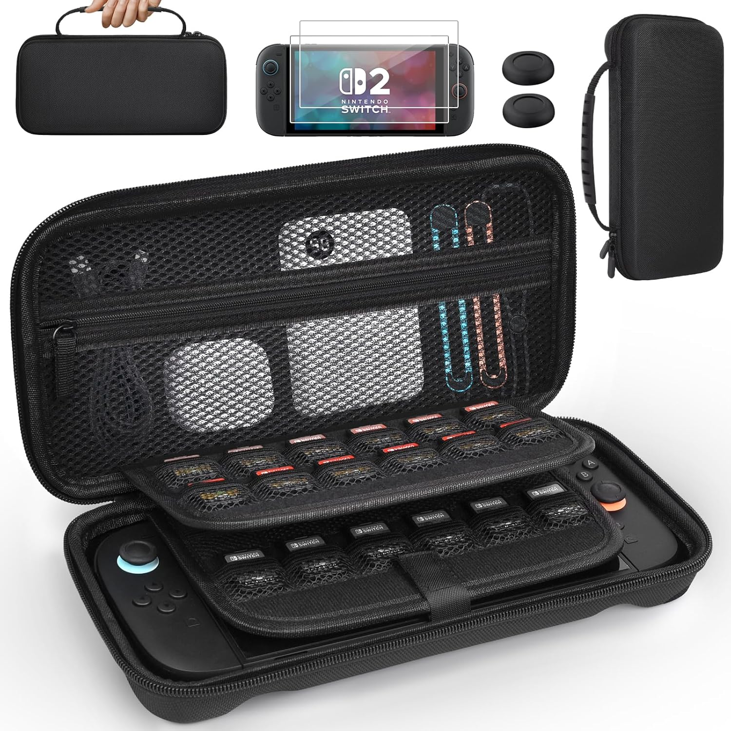 THRAU Nintendo Switch 2 Carrying Case Large Capacity Hard Shell Travel Pouch with 2 Screen Protectors, Thumb Grips, 24 Game Card Slots for Switch 2 Console & Accessories (Standard Version) image number 1