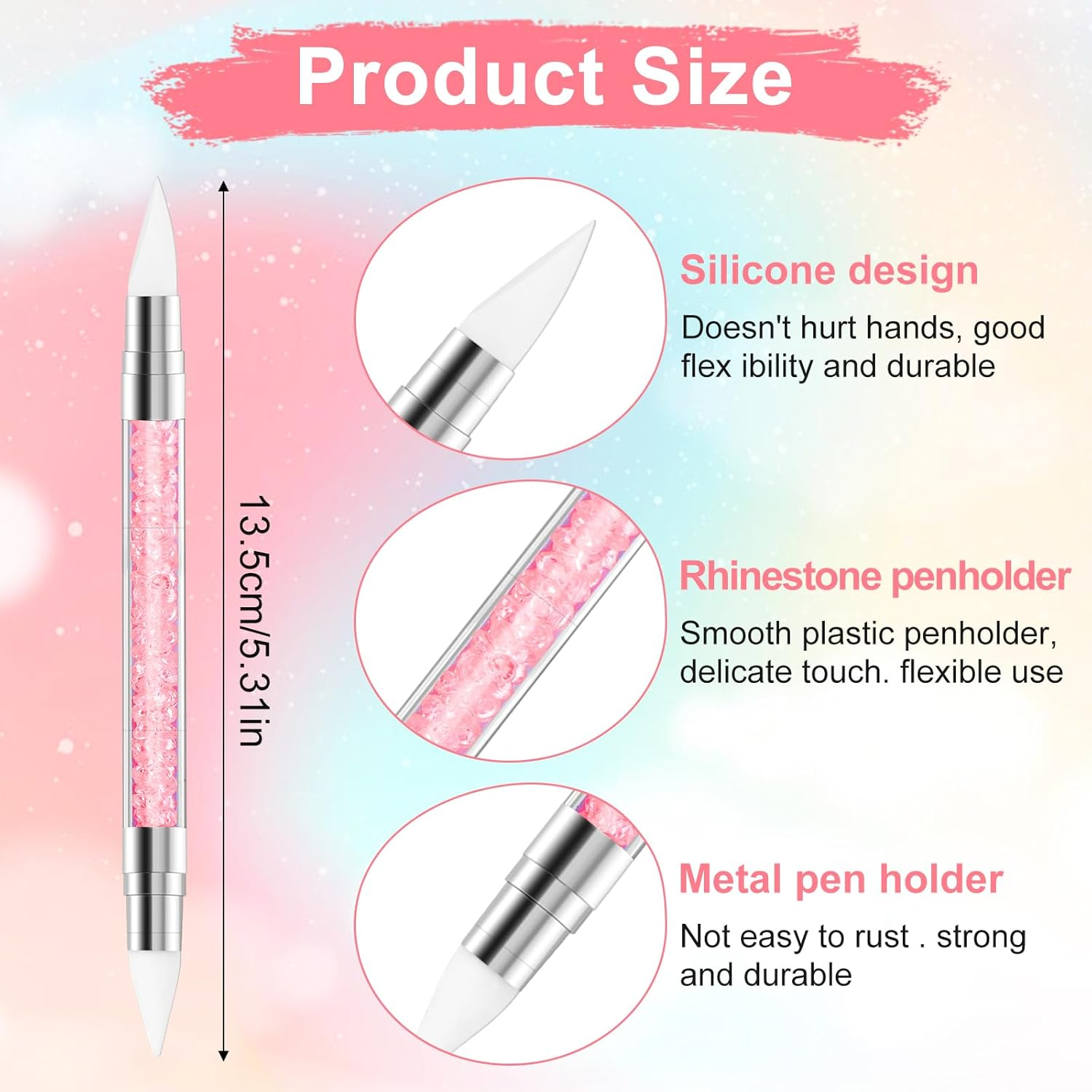 3 Pcs Nail Art Sculpture Pen, Dual Tipped Silicone Nail Tools, Silicone Head Acrylic Handle Nail Art Brushes, Rhinestone Nail Polish Carving Pen, Nail Art Tools for Home Salon(Black, Pink, Royal Blue) image number 1