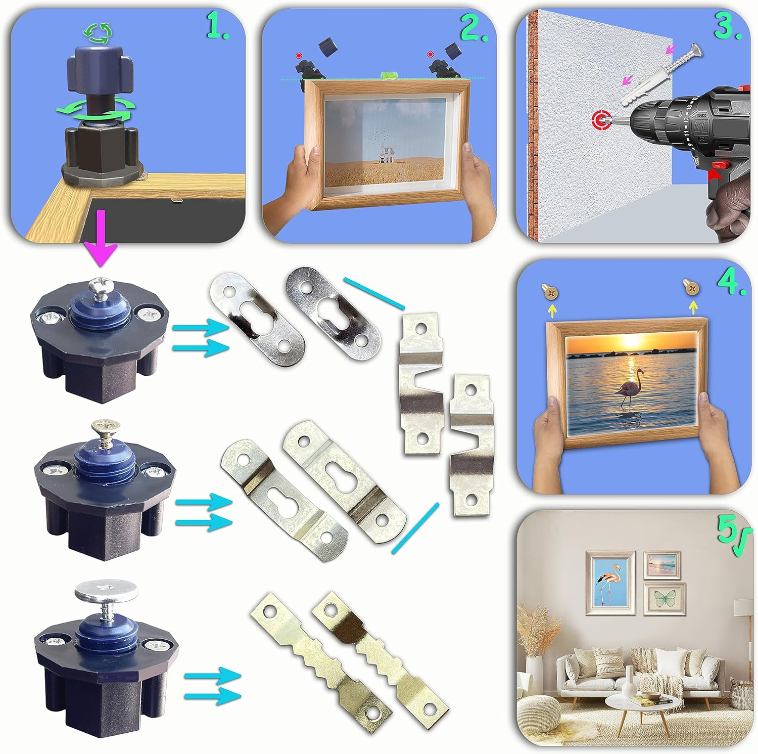 GTCWINCN Picture Hanging Kit - Picture Hole Marked Tool ，Easily Hang Picture ，Includes 40-Piece Hanging Essentials Drywall Anchor, Screw, Sawtooth Hangers, Nails, Single Keyhole Hangers and for Frames Wall Mounting image number 4