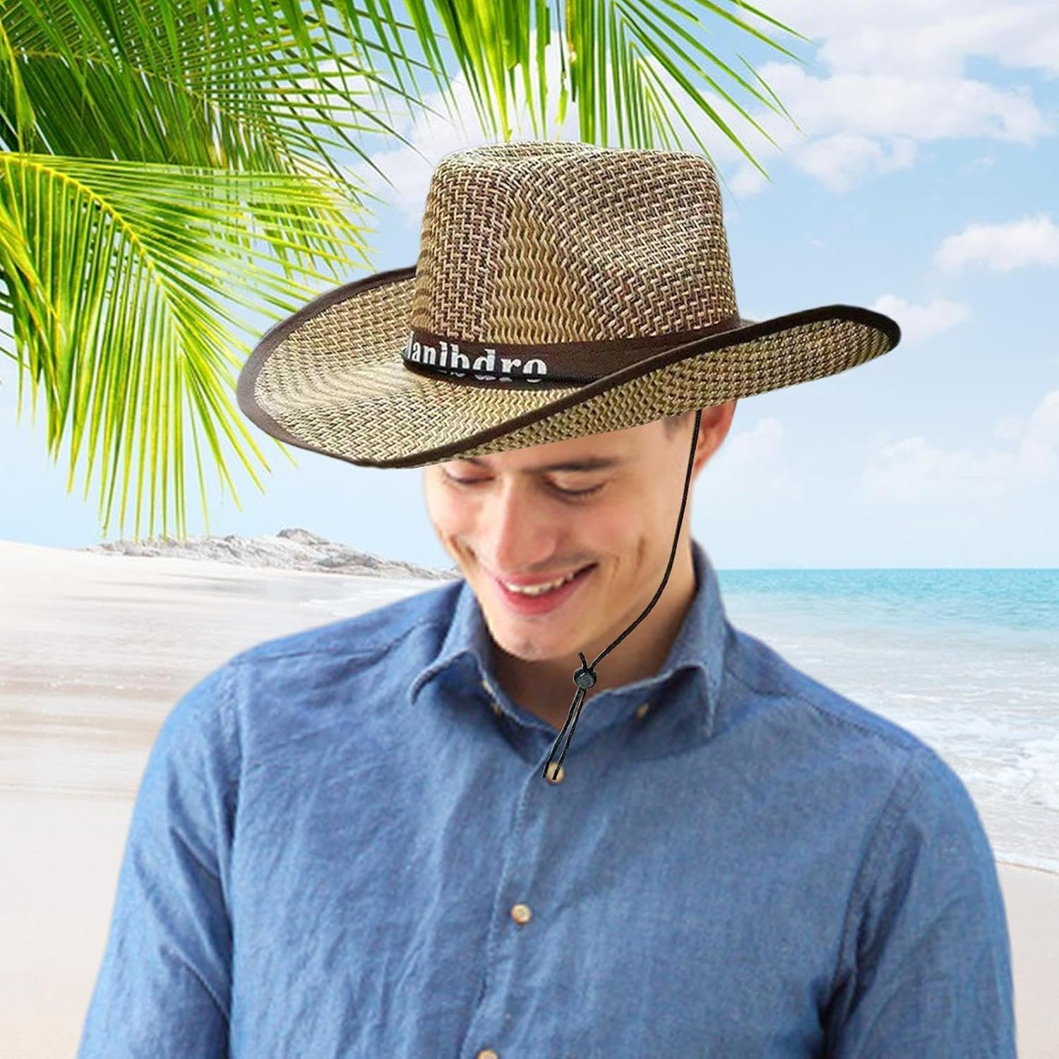 Fishing Straw Hats for Men, Fishing Cowboy Sun Hats, Outdoor UV Protection Sun Cap, Western Cowboy Hat for Gardening, Travel, Hiking, Camping - Blue image number 3