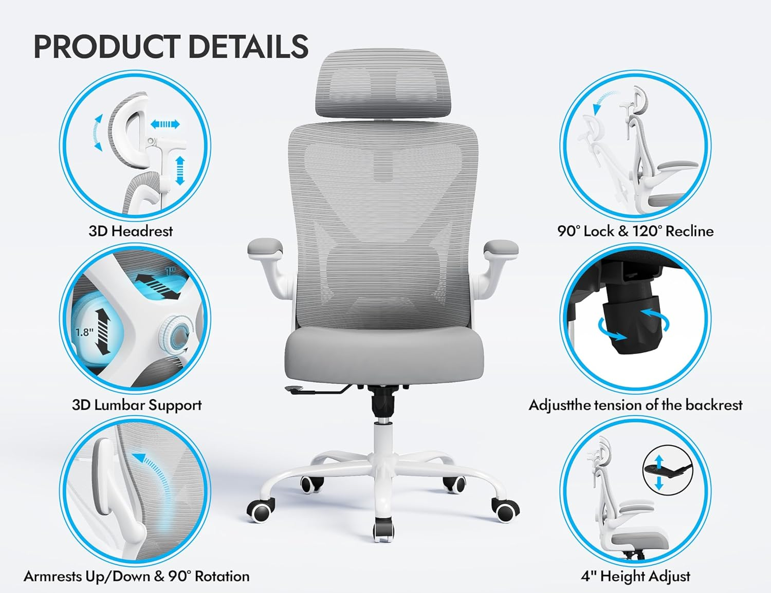 Ergonomic Office Chair - Office Chair Mesh High Back Gaming Chair with Adjustable Lumbar Support & Headrest Home Desk Chairs - Computer Desk Chairs Comfy Comfortable for Long Hours (Grey) - Grey image number 5