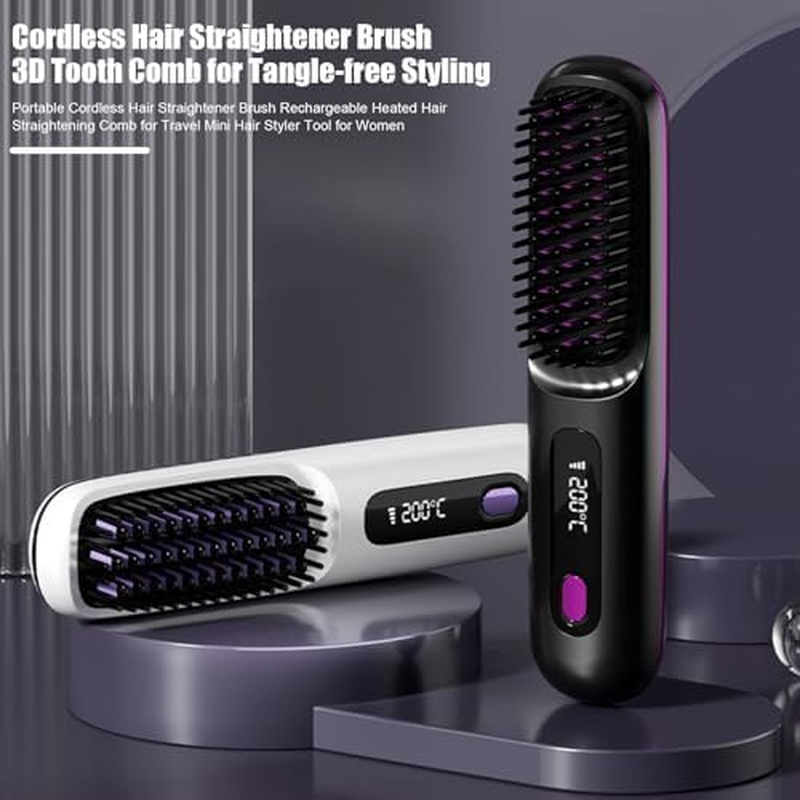 Go Brush Pro, 2025 Cordless Hair Straightener Brush, Portable Straightening Comb for Travel, Portable Mini Hot Comb with Negative Ions Smoother, Rechargeable Heated Brushes (Black) image number 1