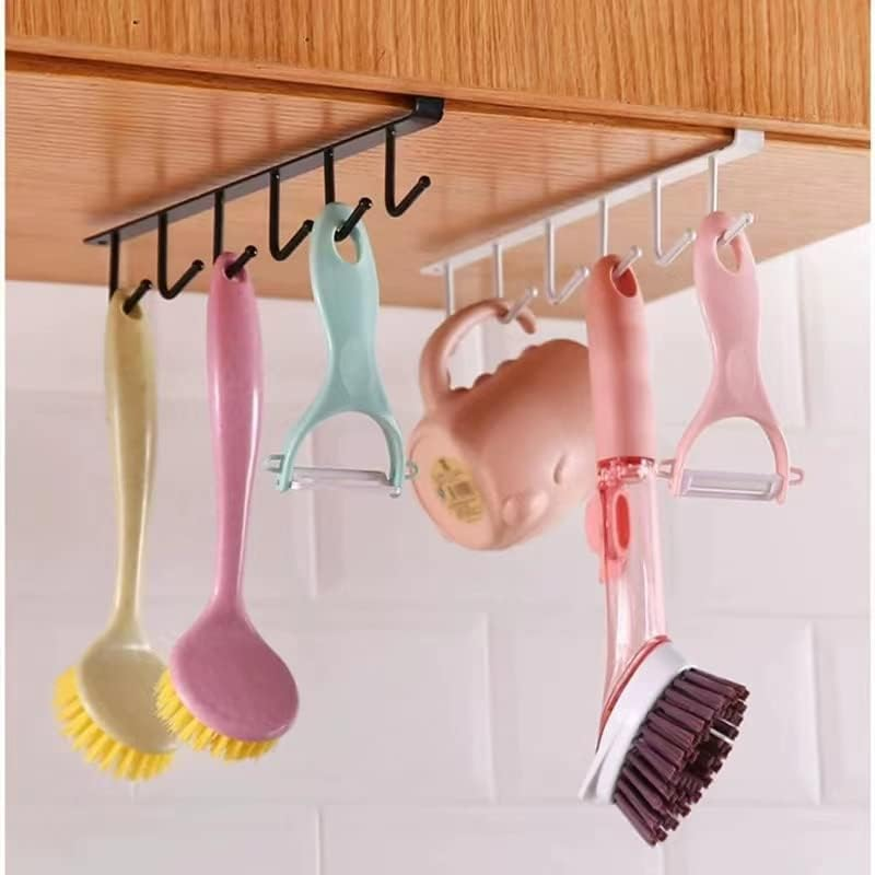 2Pcs Multi-Hooks under the Cabinet 6-Hook Hanging Hook Rack Kitchen Utensil Cupboard Hanger Chest Organizer Cup Holder for Coffee Bar, Fit for 0.8 Inch Thickness Shelf or Less, Nail Free (Black) image number 1